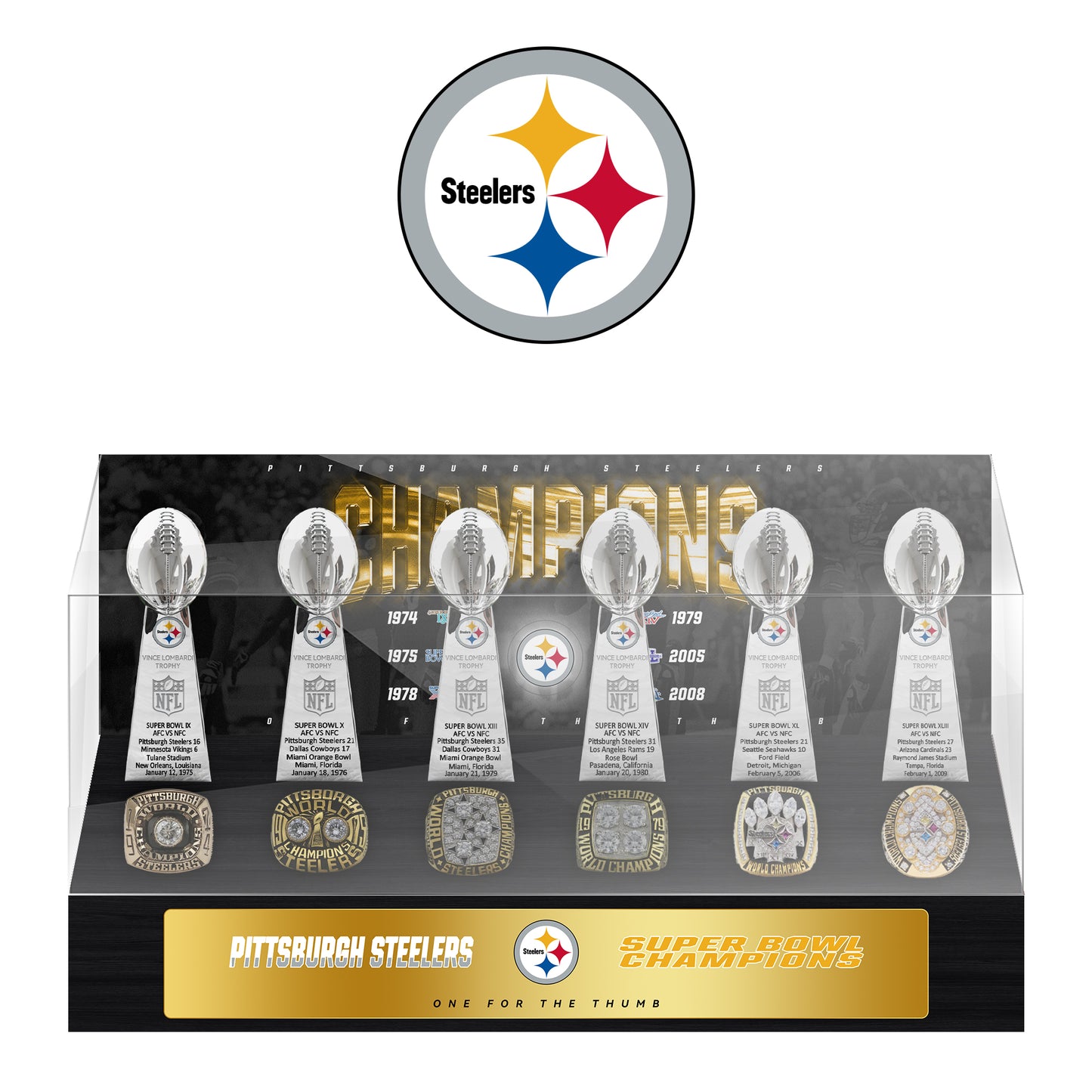 Pittsburgh Steelers Super Bowl Championship Trophy Ring Display Case