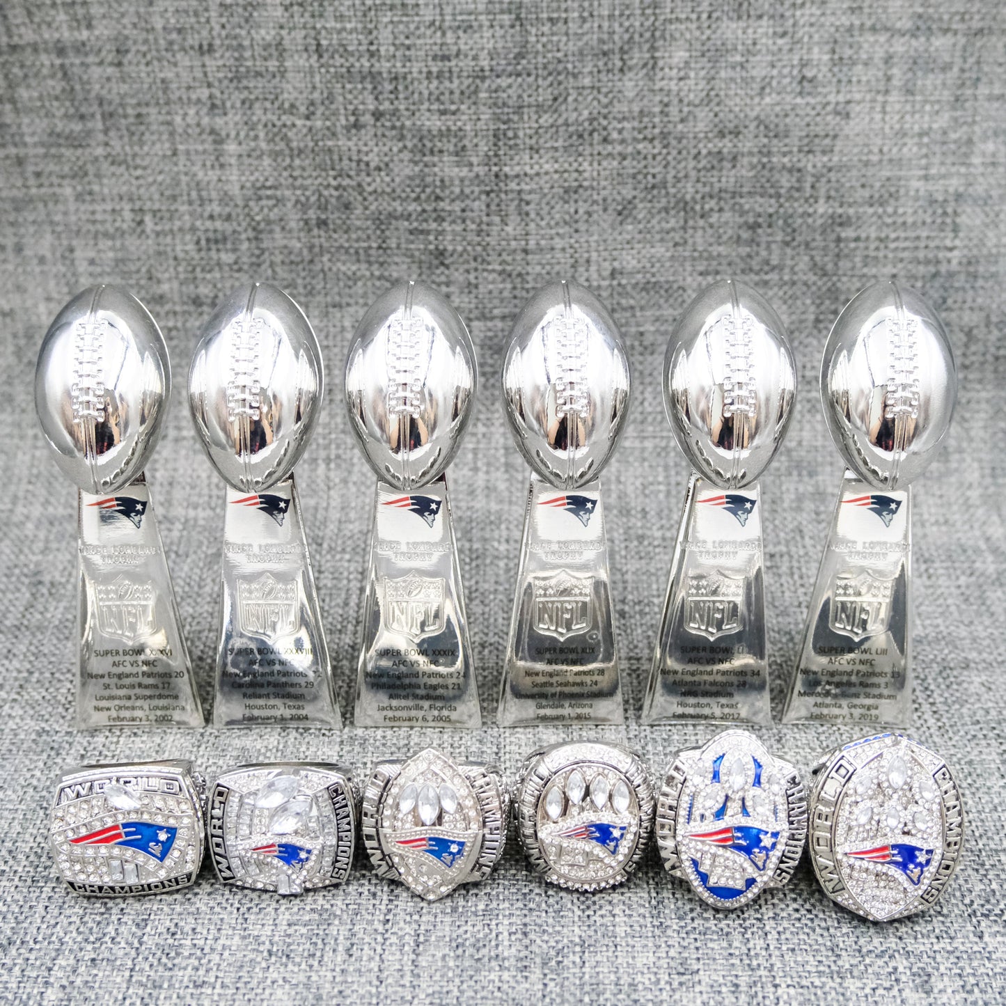 [New England Patriots ]6 Trophys and 6 Pcs Ring Set + Box NFL