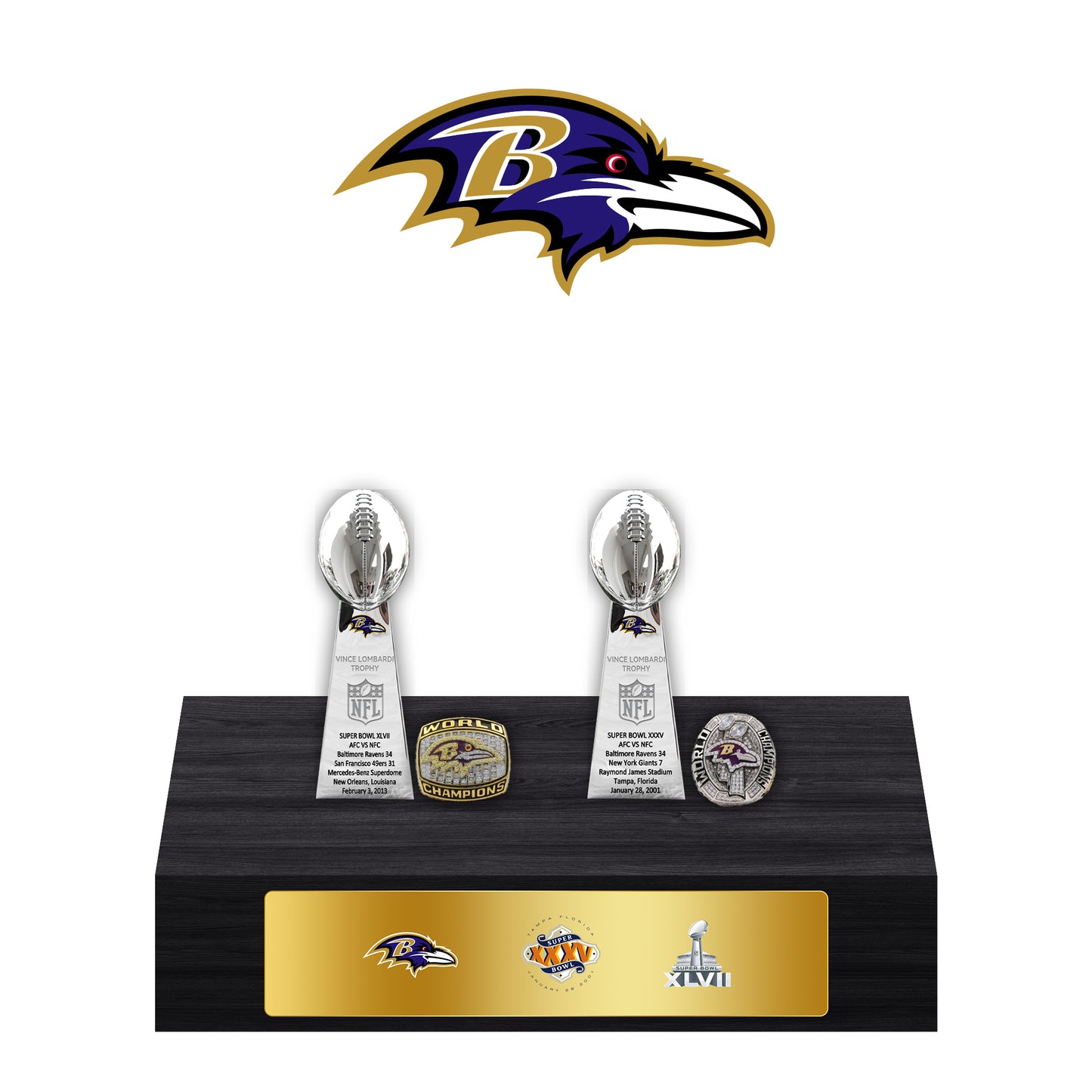 Baltimore Ravens Super Bowl Championship Trophy Ring Display Case