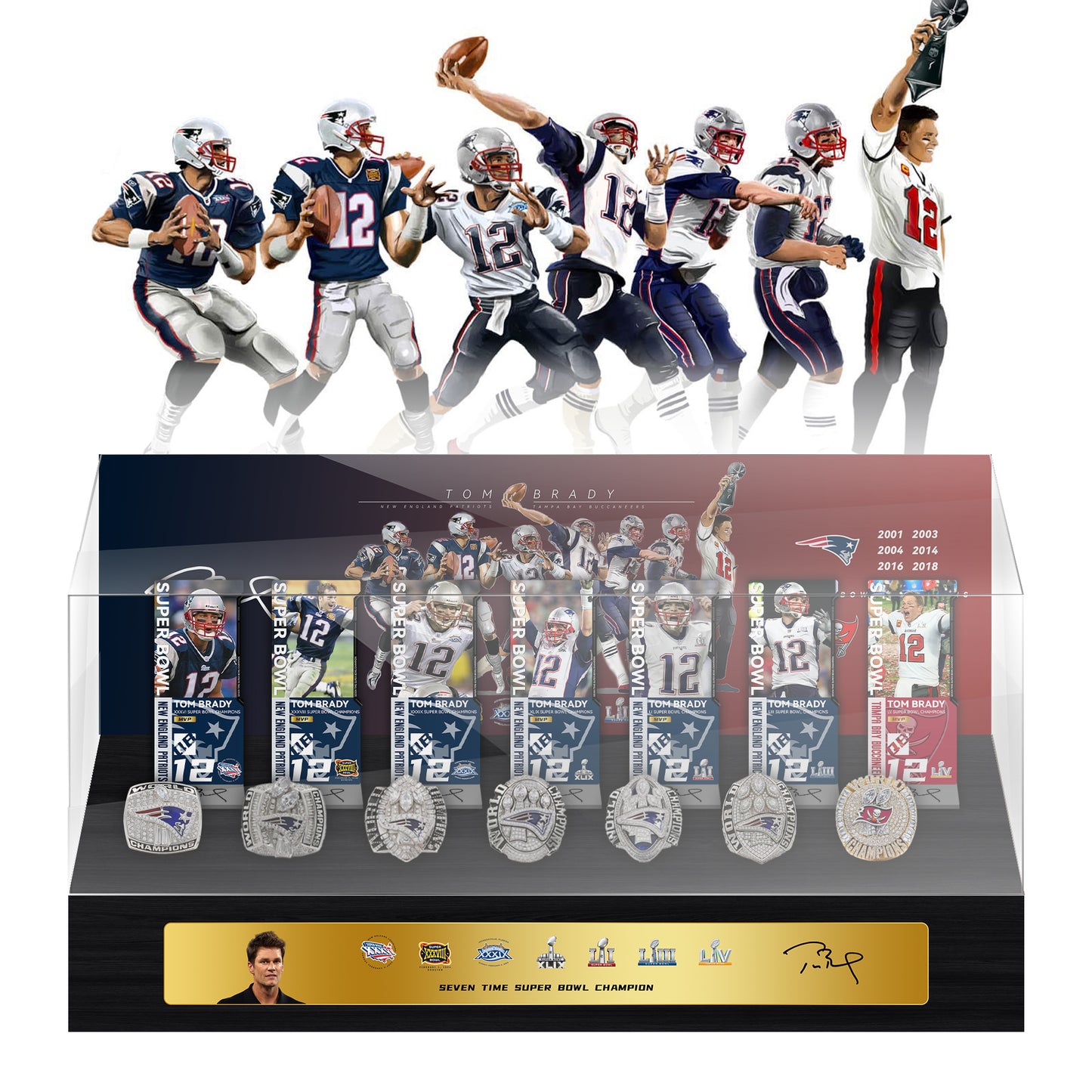 Tom Brady New England Patriots and Tampa Bay Buccaneers 7 Championship Trophy and Ring Display Case