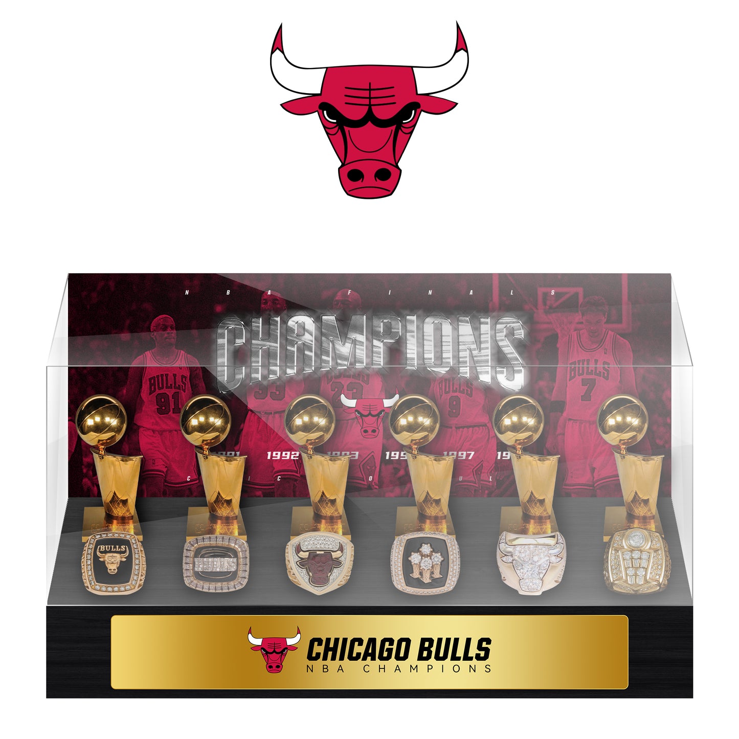 Chicago Bulls NBA Trophy And Ring Display Case SET