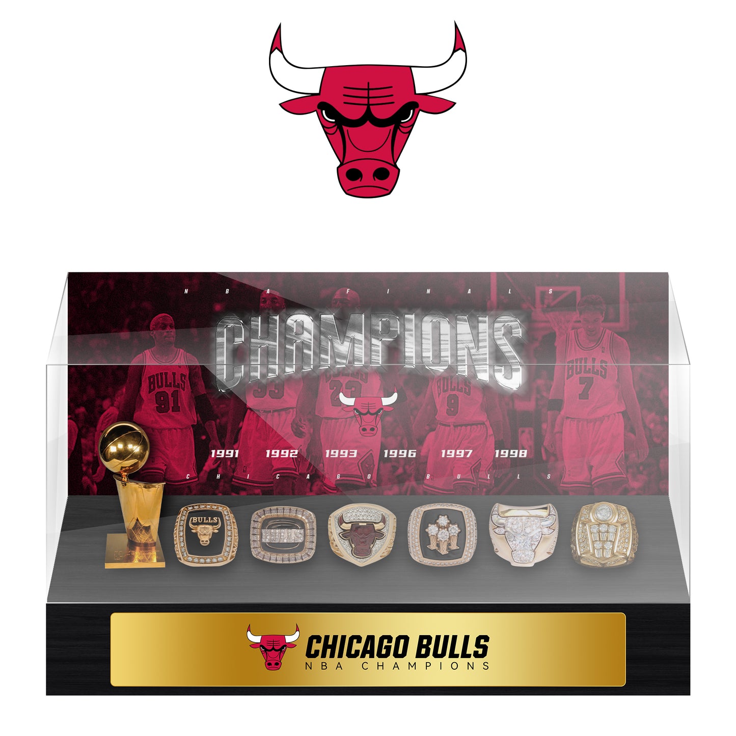 Chicago Bulls NBA Trophy And Ring Display Case SET