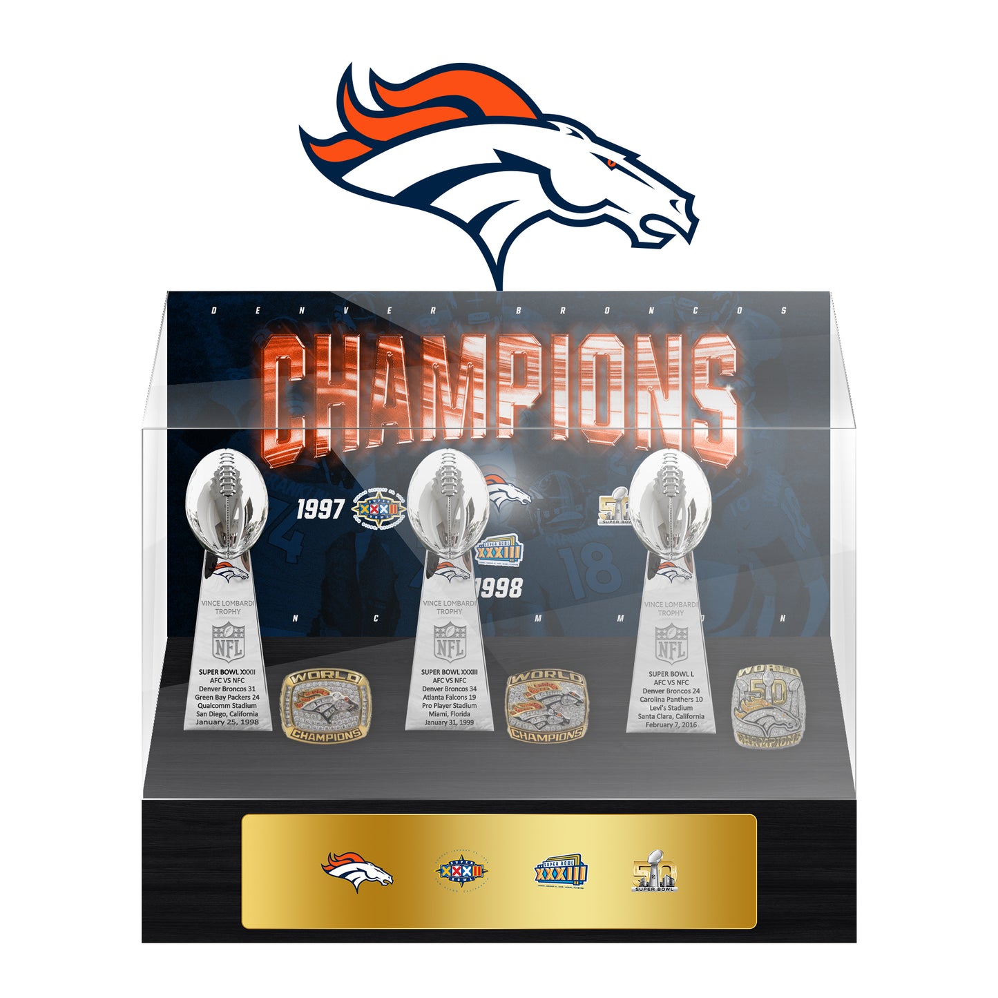 Denver Broncos Super Bowl Championship Trophy Ring Display Case