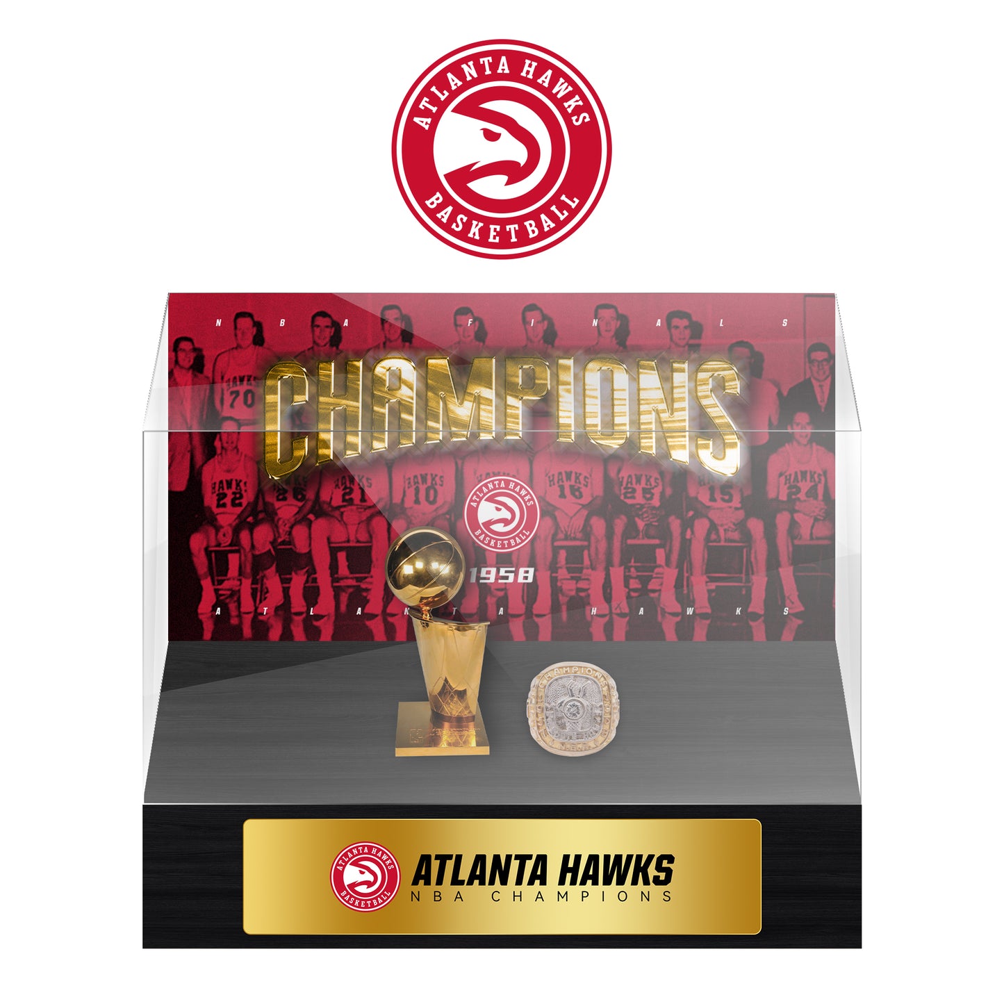 Atlanta Hawks NBA Trophy And Ring Display Case SET