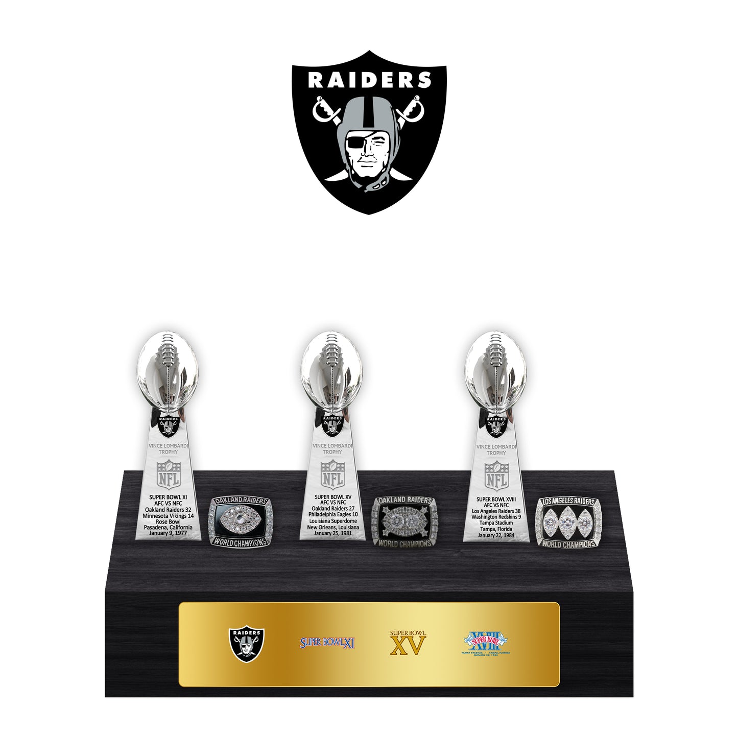 Oakland Raiders Super Bowl Championship Trophy Ring Display Case