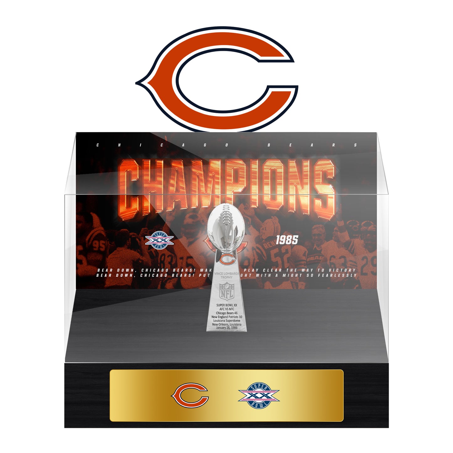 Chicago Bears Super Bowl Championship Trophy Ring Display Case