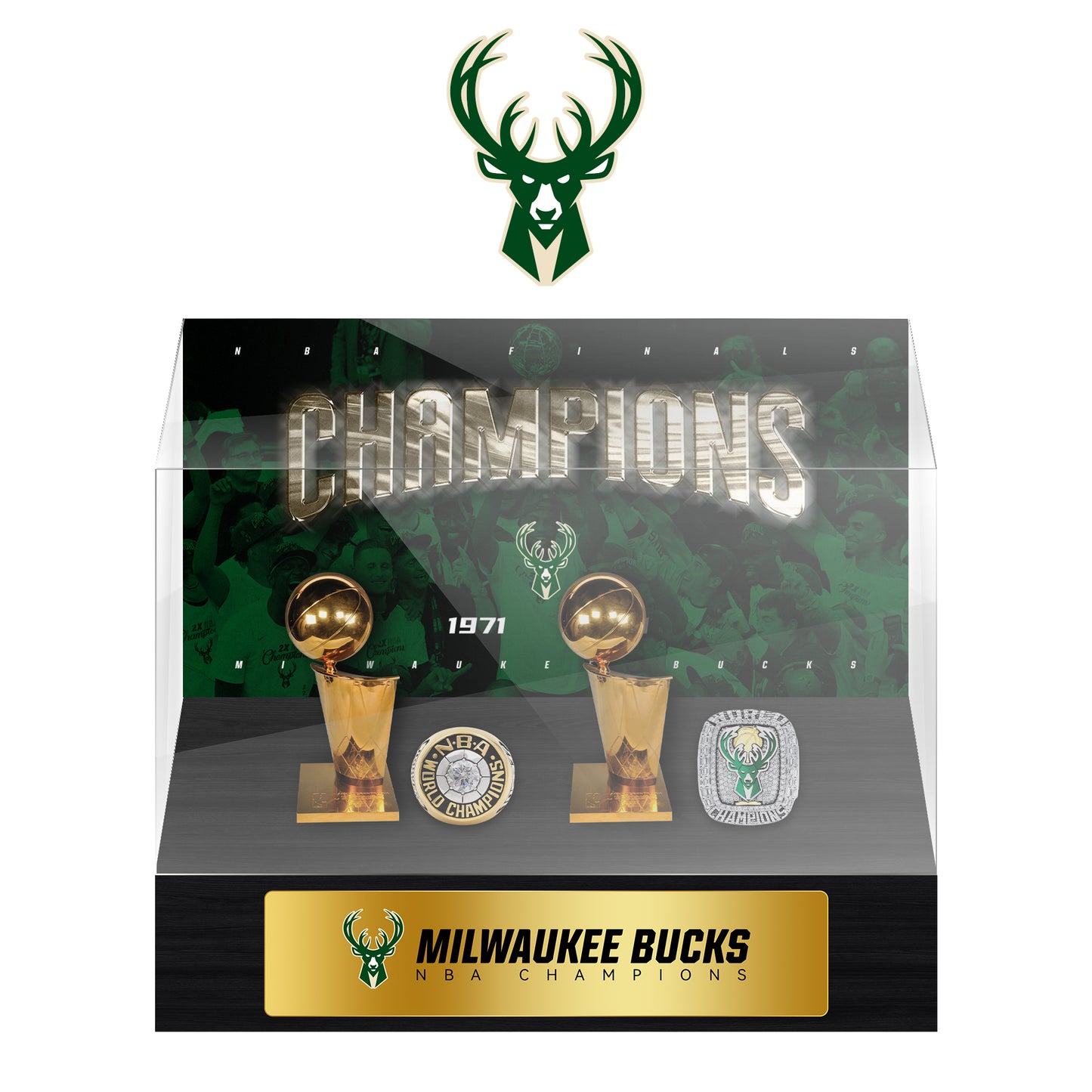 Milwaukee Bucks  NBA Trophy And Ring Display Case SET