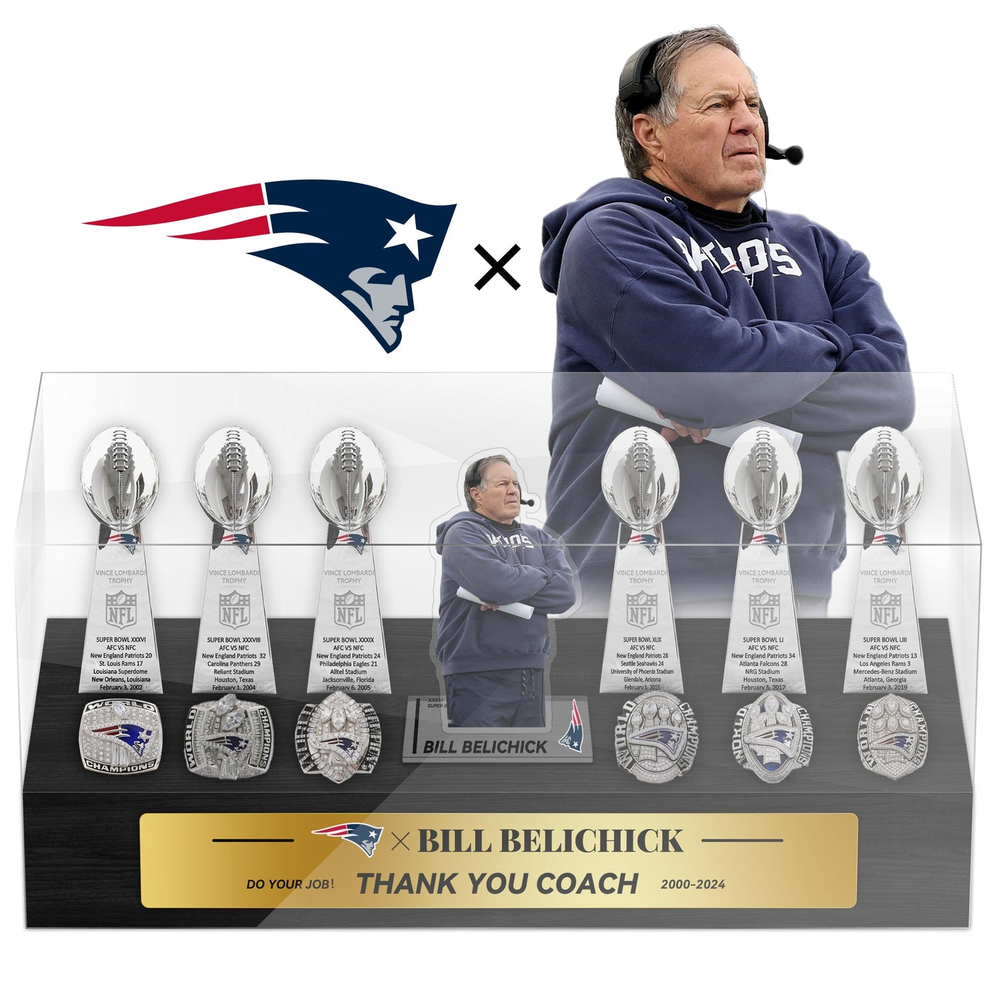 Bill Belichick New England Patriots Championship Trophy Ring Display Case