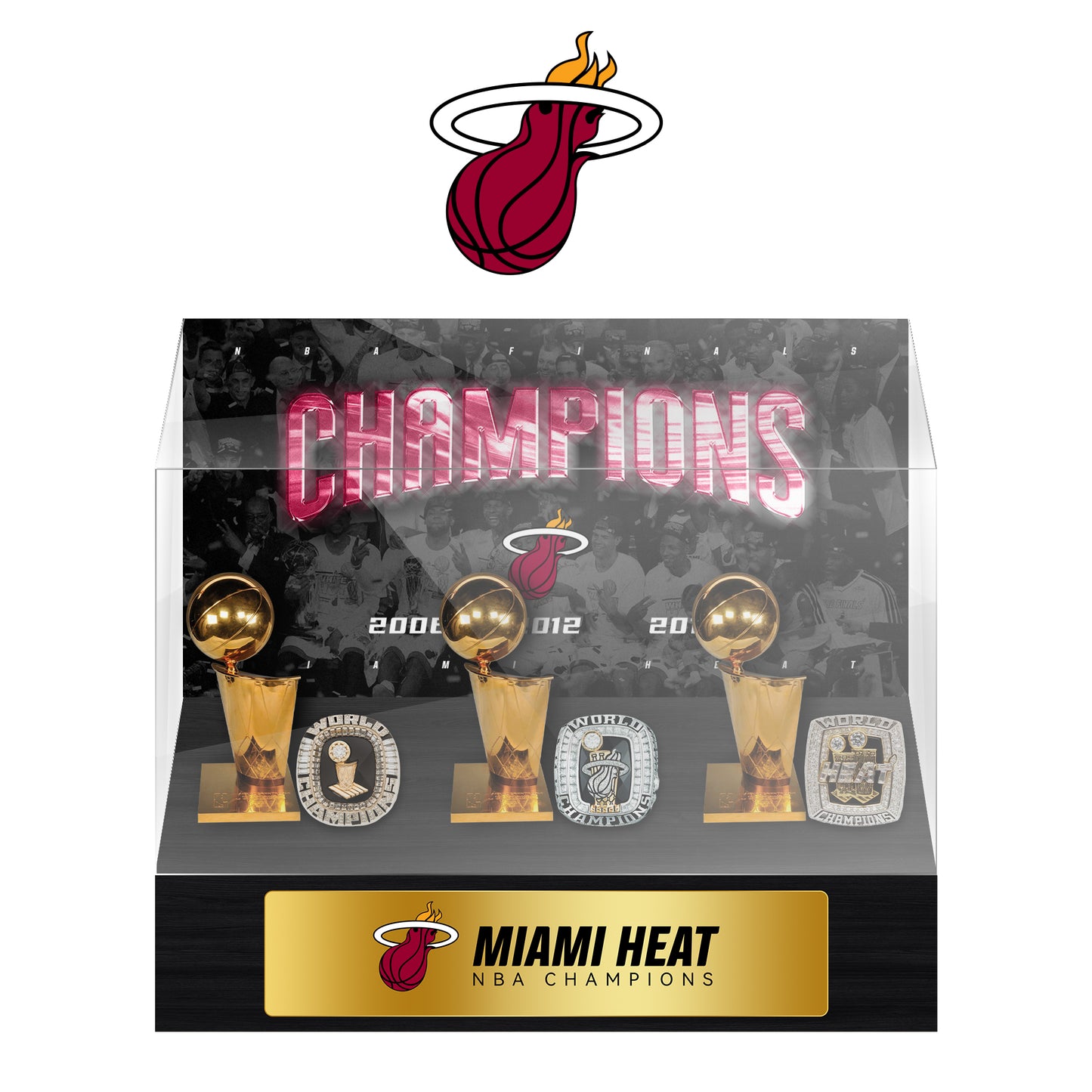 Miami Heat NBA Trophy And Ring Display Case SET