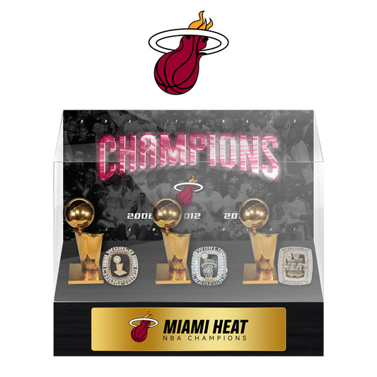 Miami Heat NBA Trophy And Ring Display Case SET