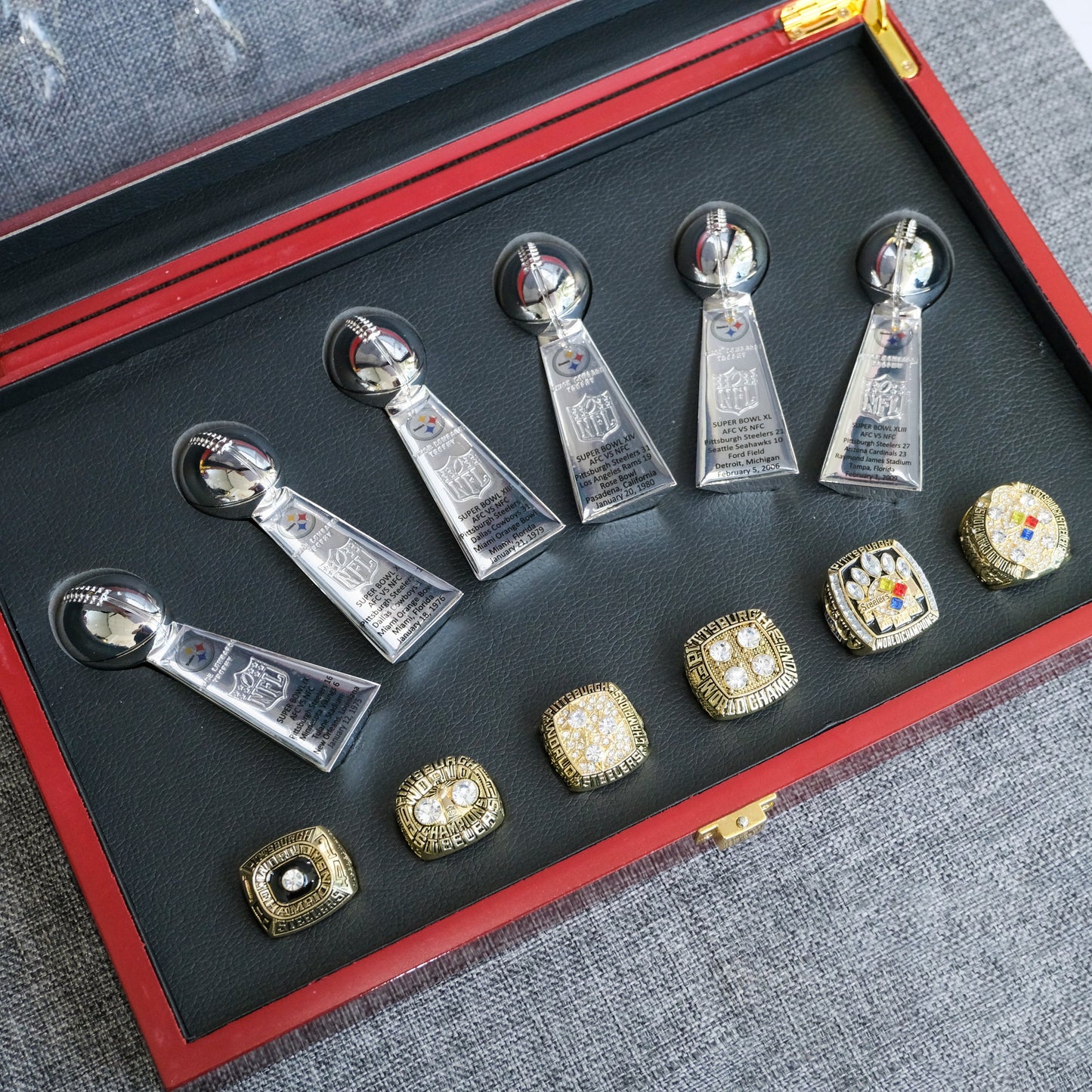 [Pittsburgh Steelers]6 Trophys and 6 Pcs Ring Set + Box NFL