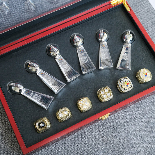 [Pittsburgh Steelers]6 Trophys and 6 Pcs Ring Set + Box NFL