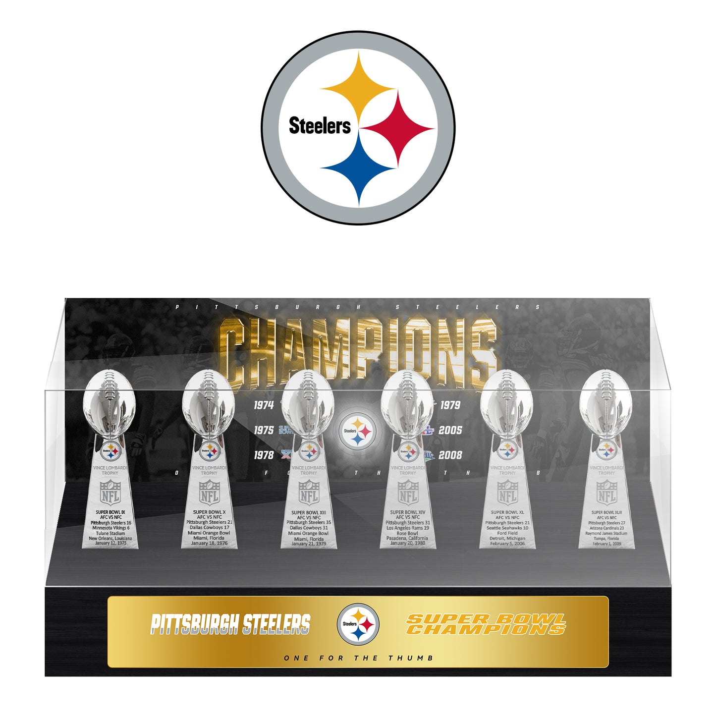 Pittsburgh Steelers Super Bowl Championship Trophy Ring Display Case