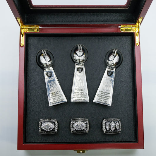 [ OAKLAND RAIDERS]Set 3 Trophys and 3 Pcs Rings  Championship Super Bowl + Box NFL