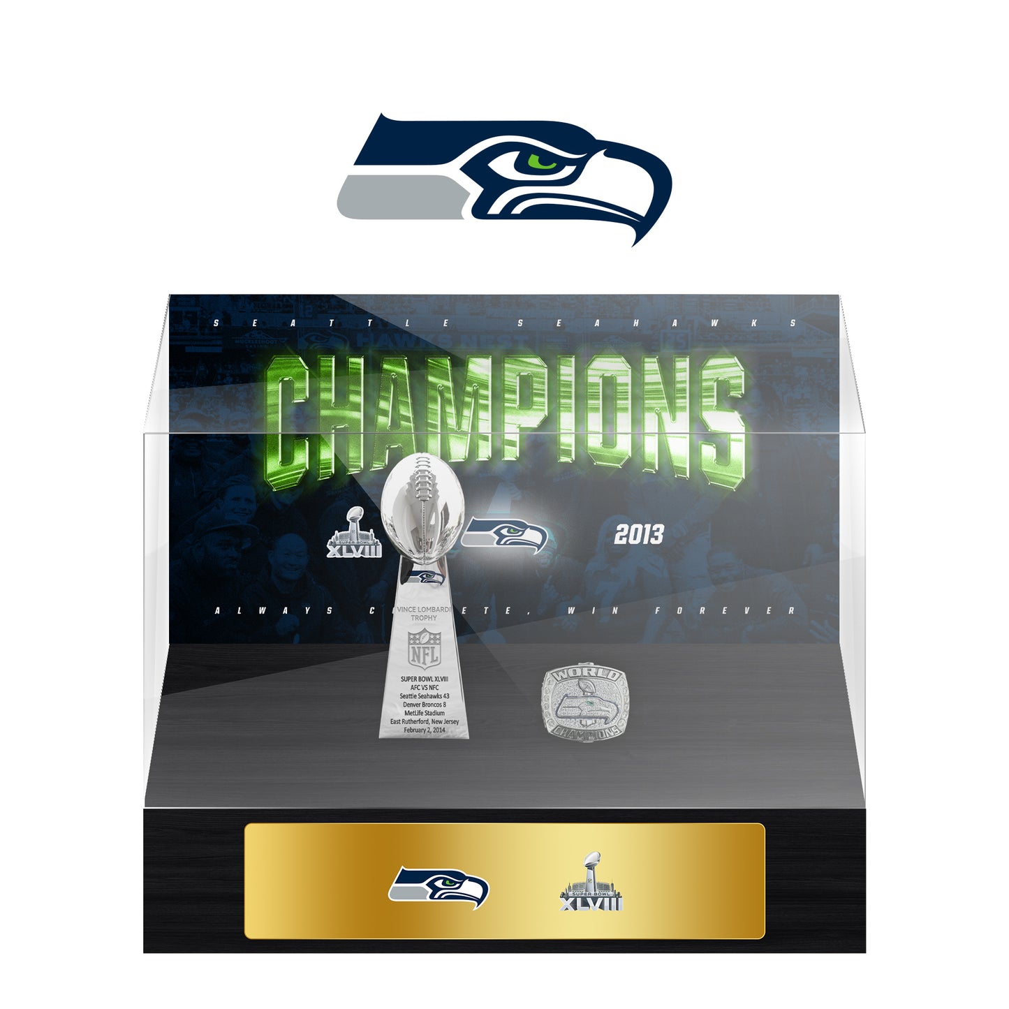 Seattle Seahawks Super Bowl Championship Trophy Ring Display Case