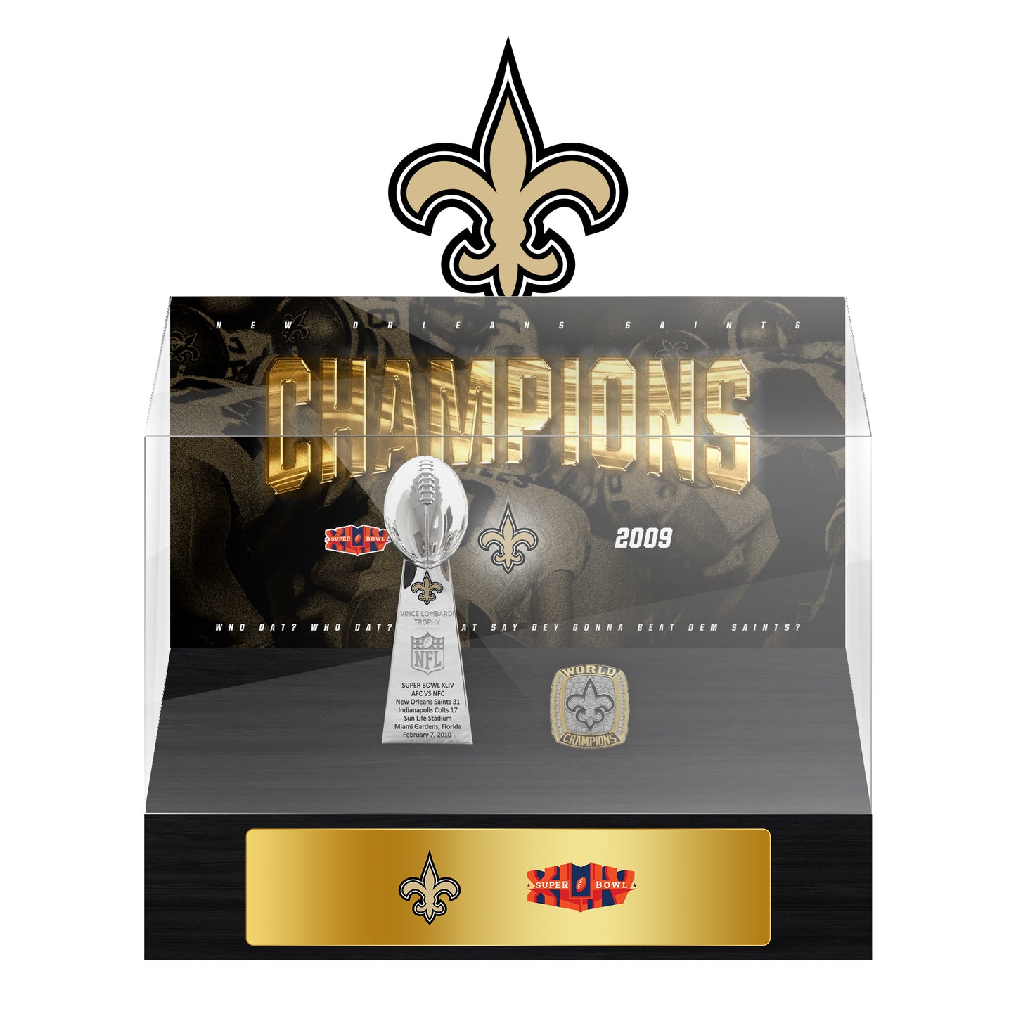 New Orleans Saints Super Bowl Championship Trophy Ring Display Case