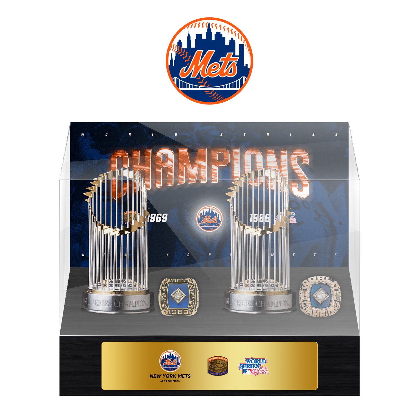 New York Mets MLB World Series Championship Trophy And Ring Display Case