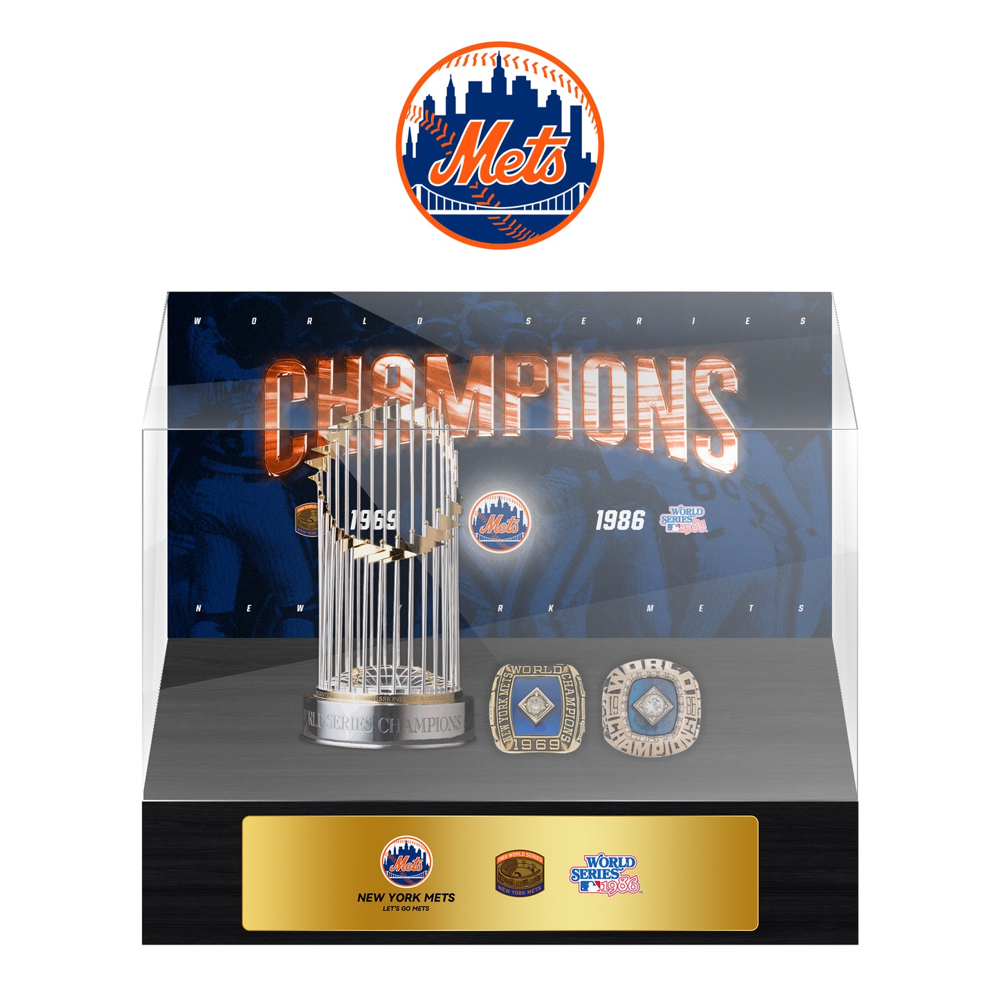 New York Mets MLB World Series Championship Trophy And Ring Display Case