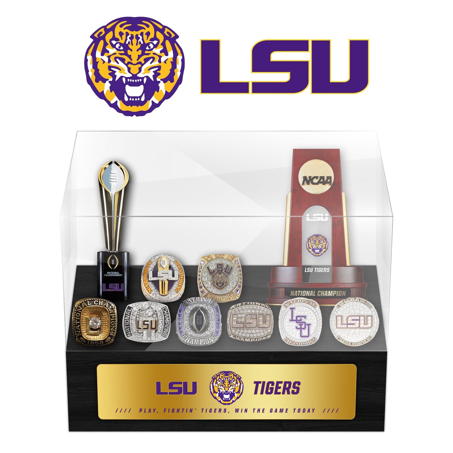 Louisiana State University(LSU) Tigers Championship Trophy And Ring Display Case