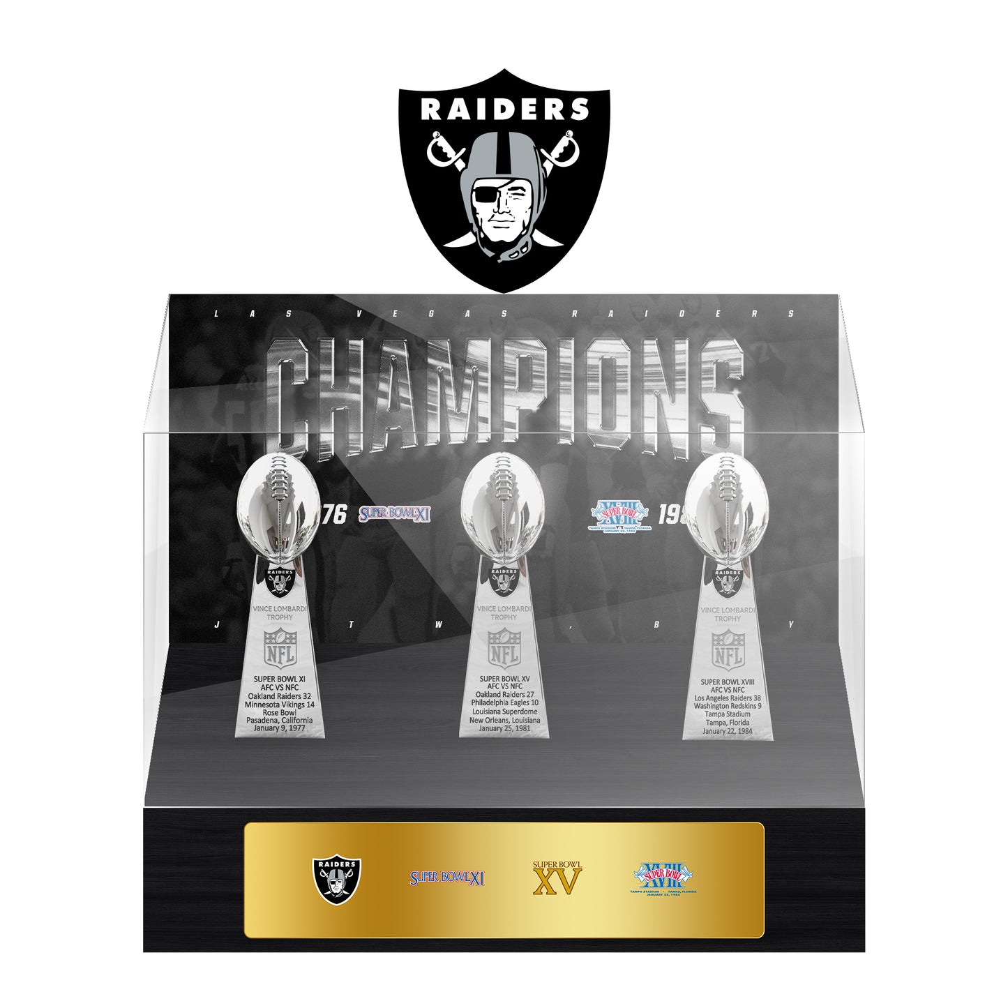 Oakland Raiders Super Bowl Championship Trophy Ring Display Case