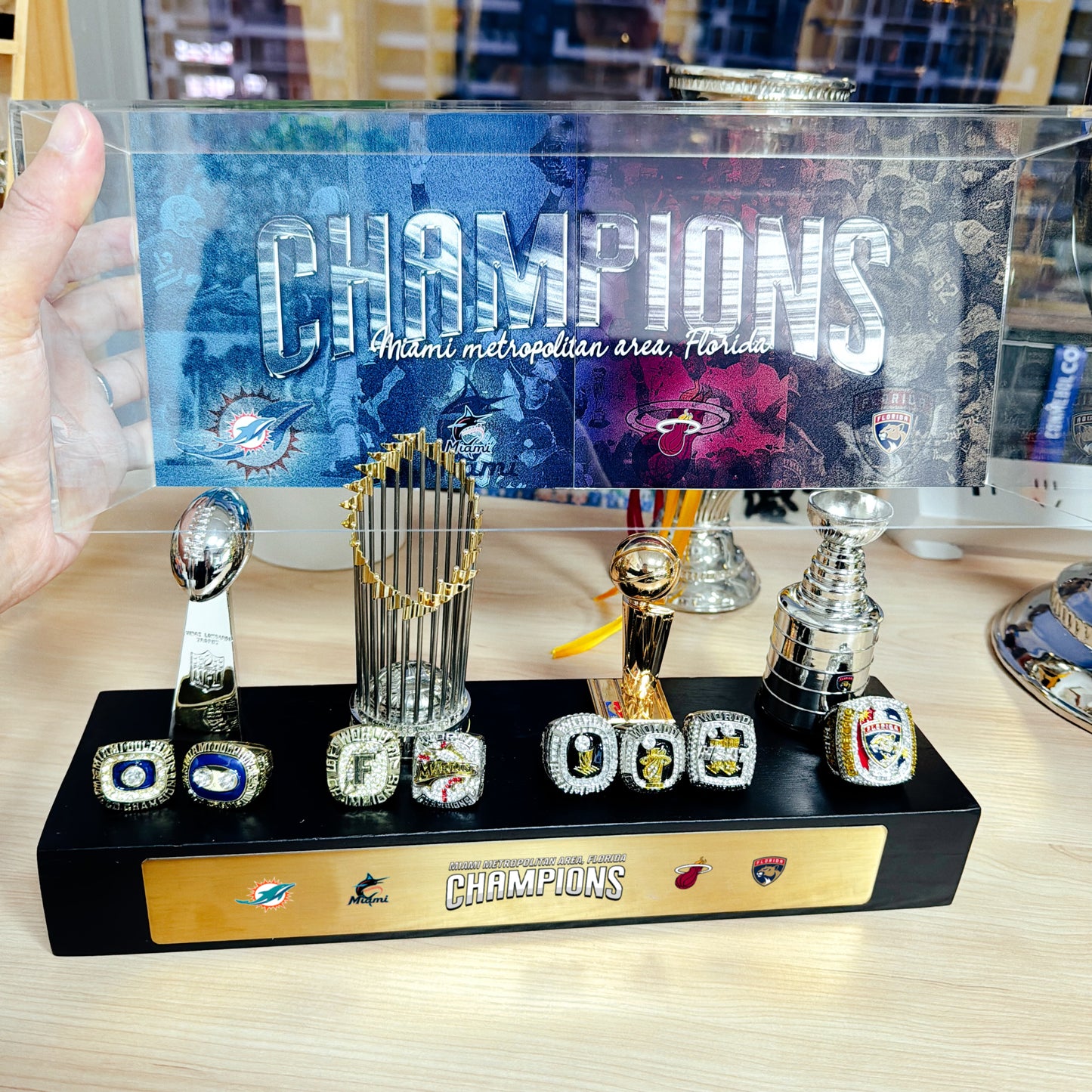 Miami Metropolitan Area Championship Trophy and Rings Display Case