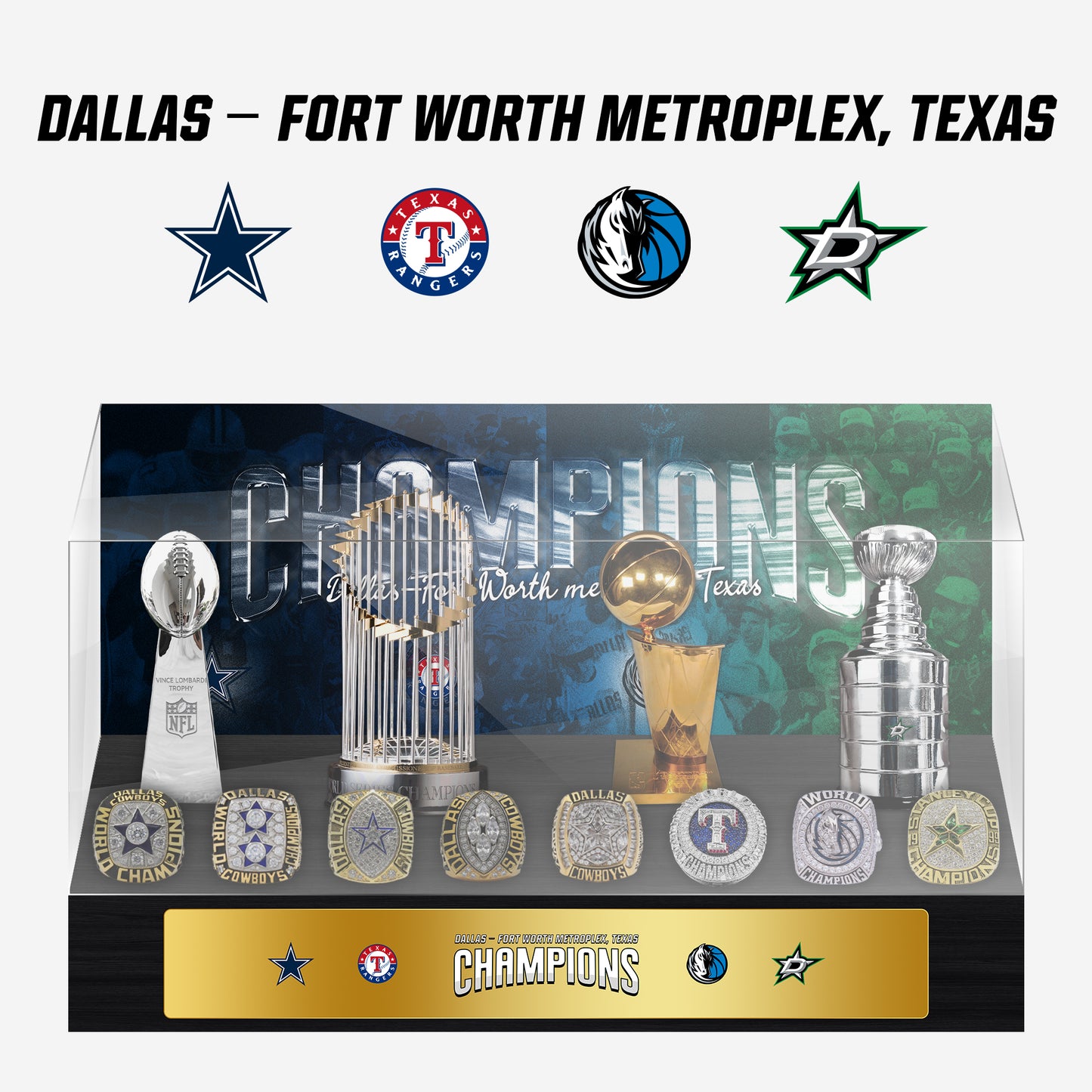 Dallas Fortworth Metroplex Championship Trophy and Rings Display Case