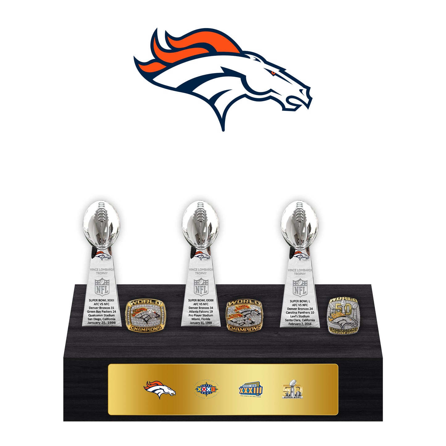 Denver Broncos Super Bowl Championship Trophy Ring Display Case