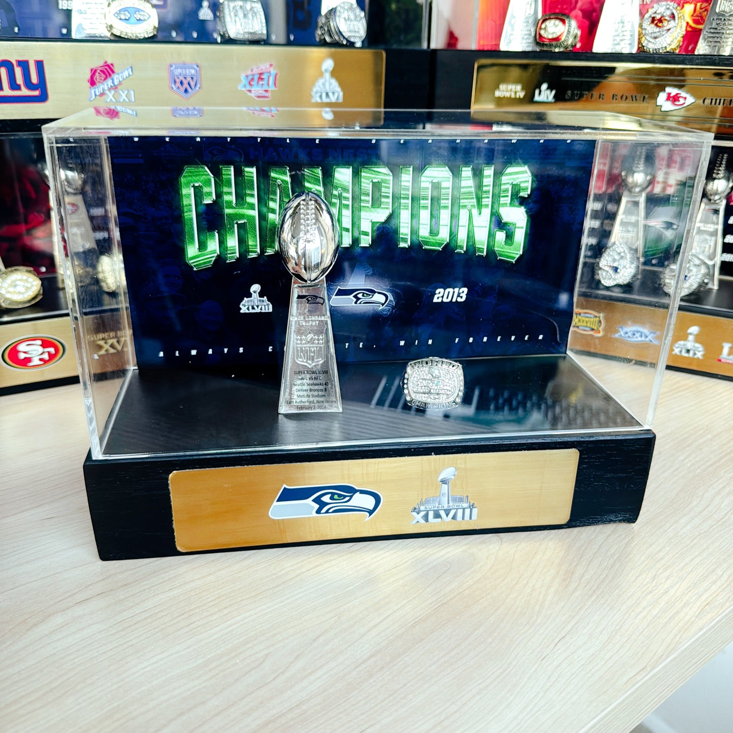 Seattle Seahawks Super Bowl Championship Trophy Ring Display Case