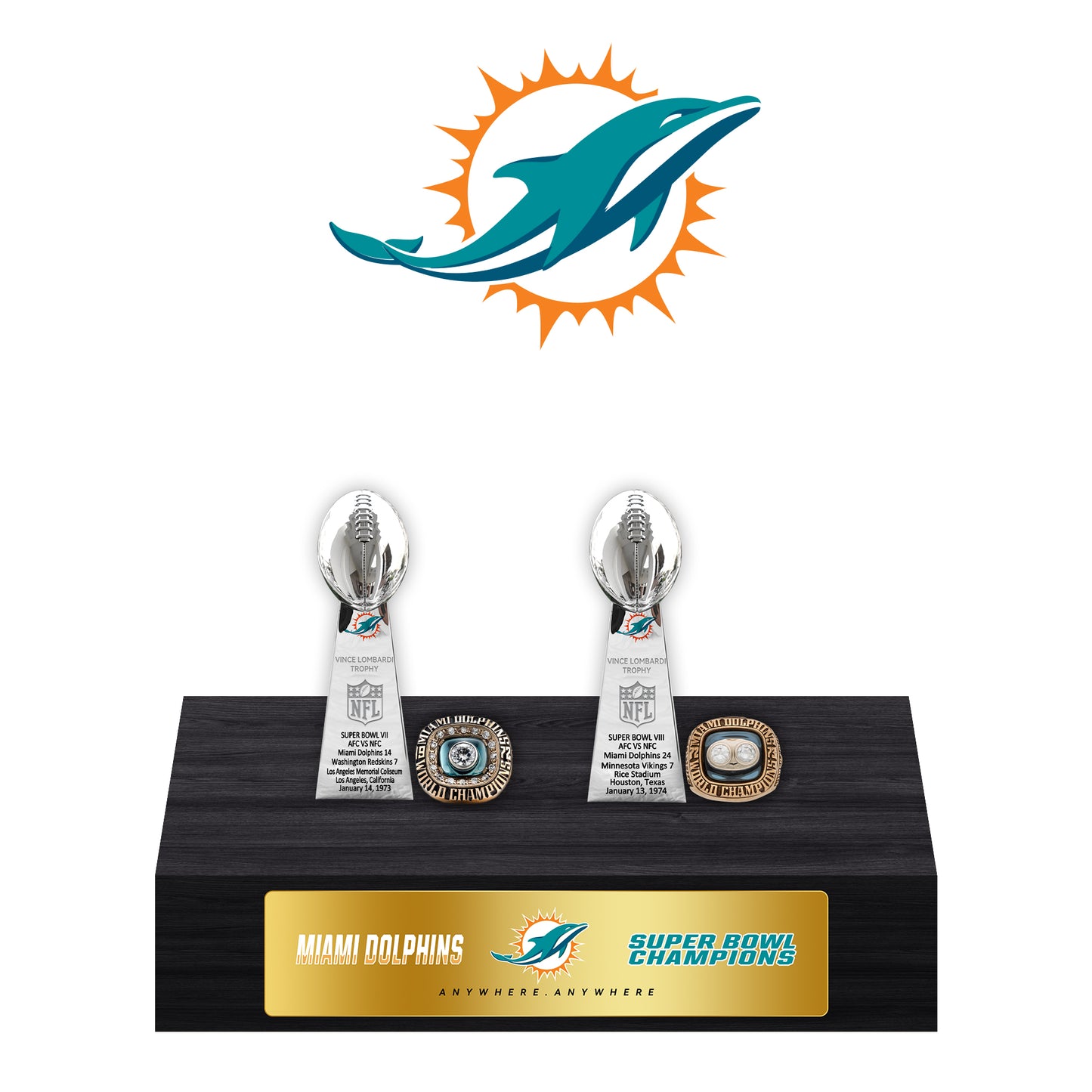 Miami Dolphins Super Bowl Championship Trophy Ring Display Case