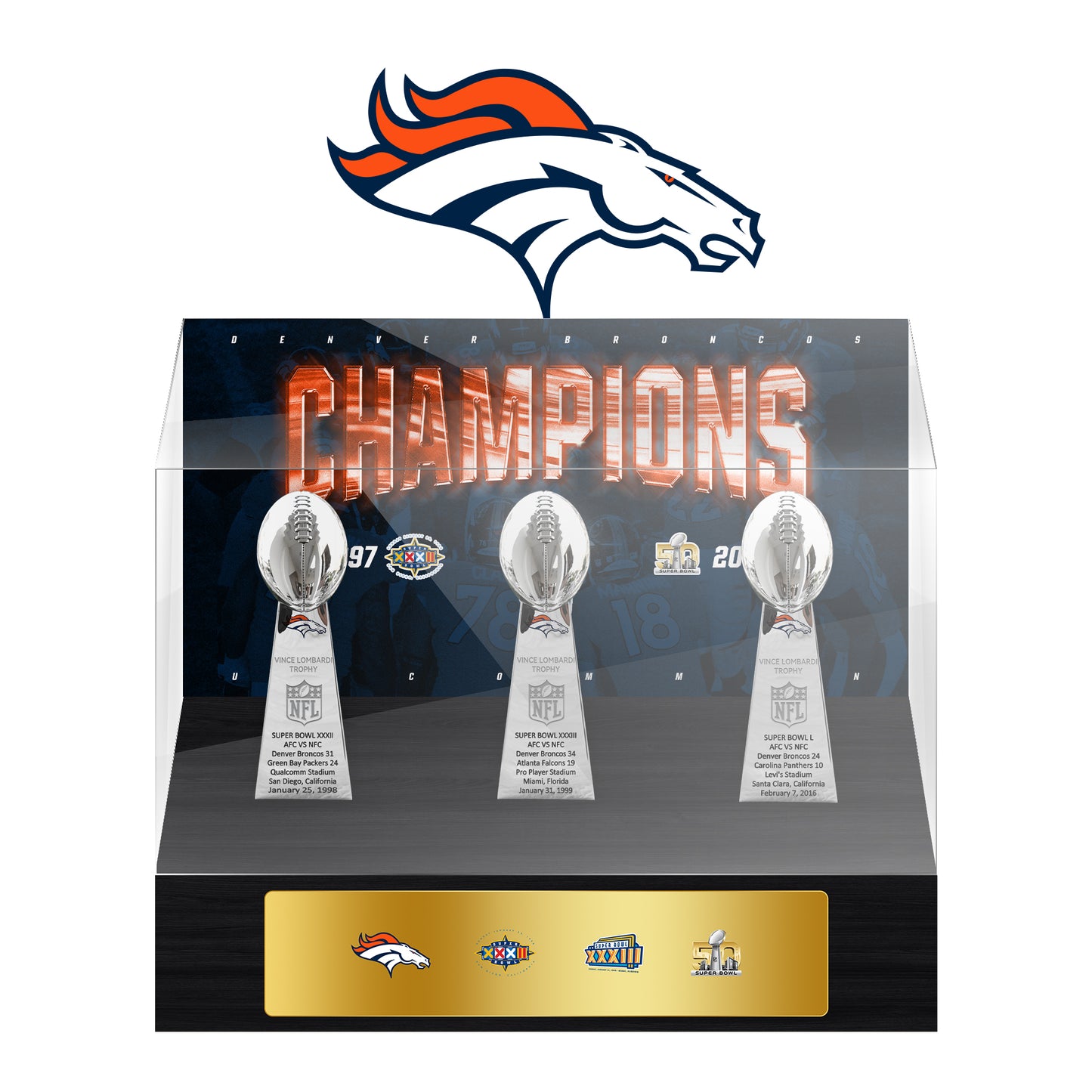 Denver Broncos Super Bowl Championship Trophy Ring Display Case