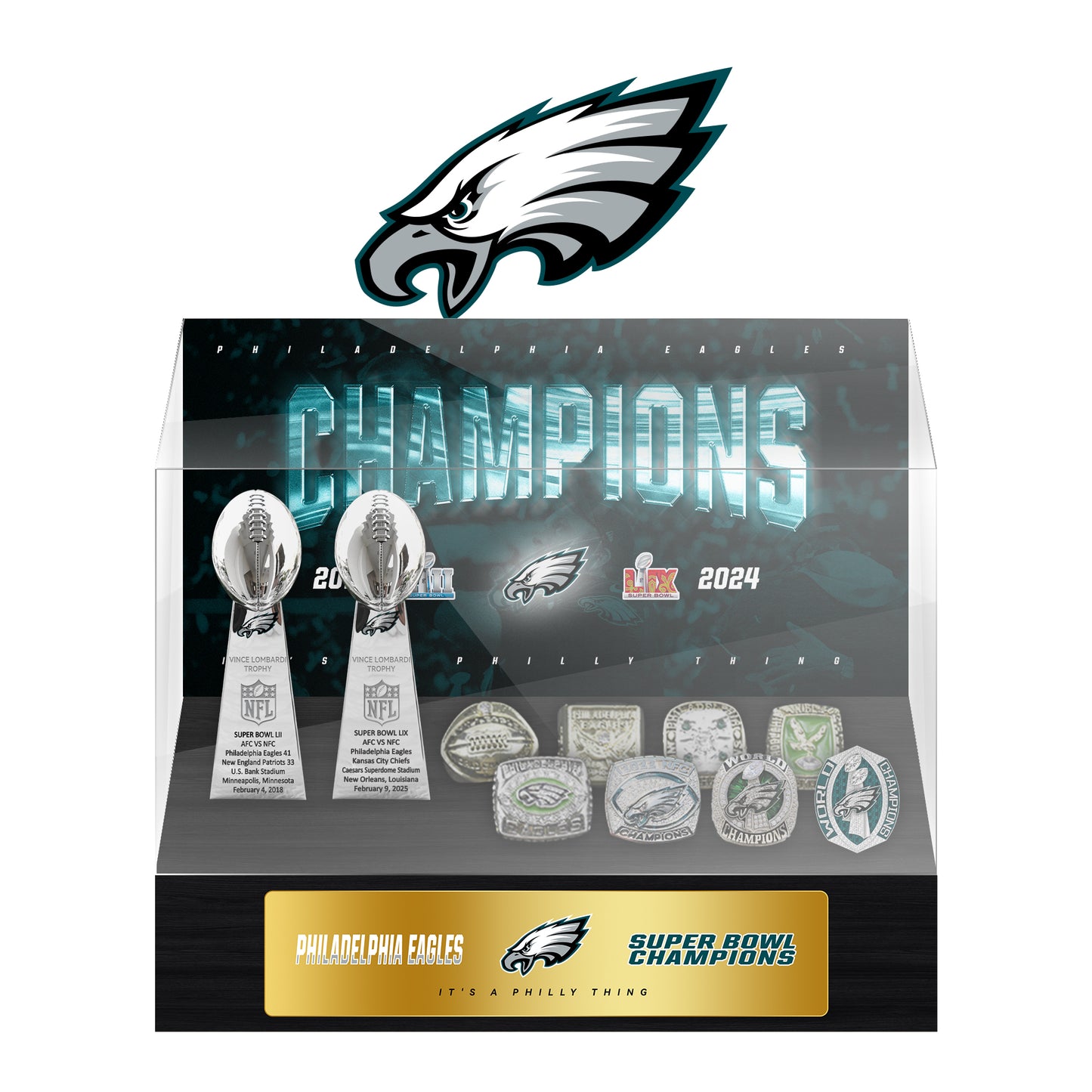 Philadelphia Eagles Super Bowl Championship Trophy Ring Display Case