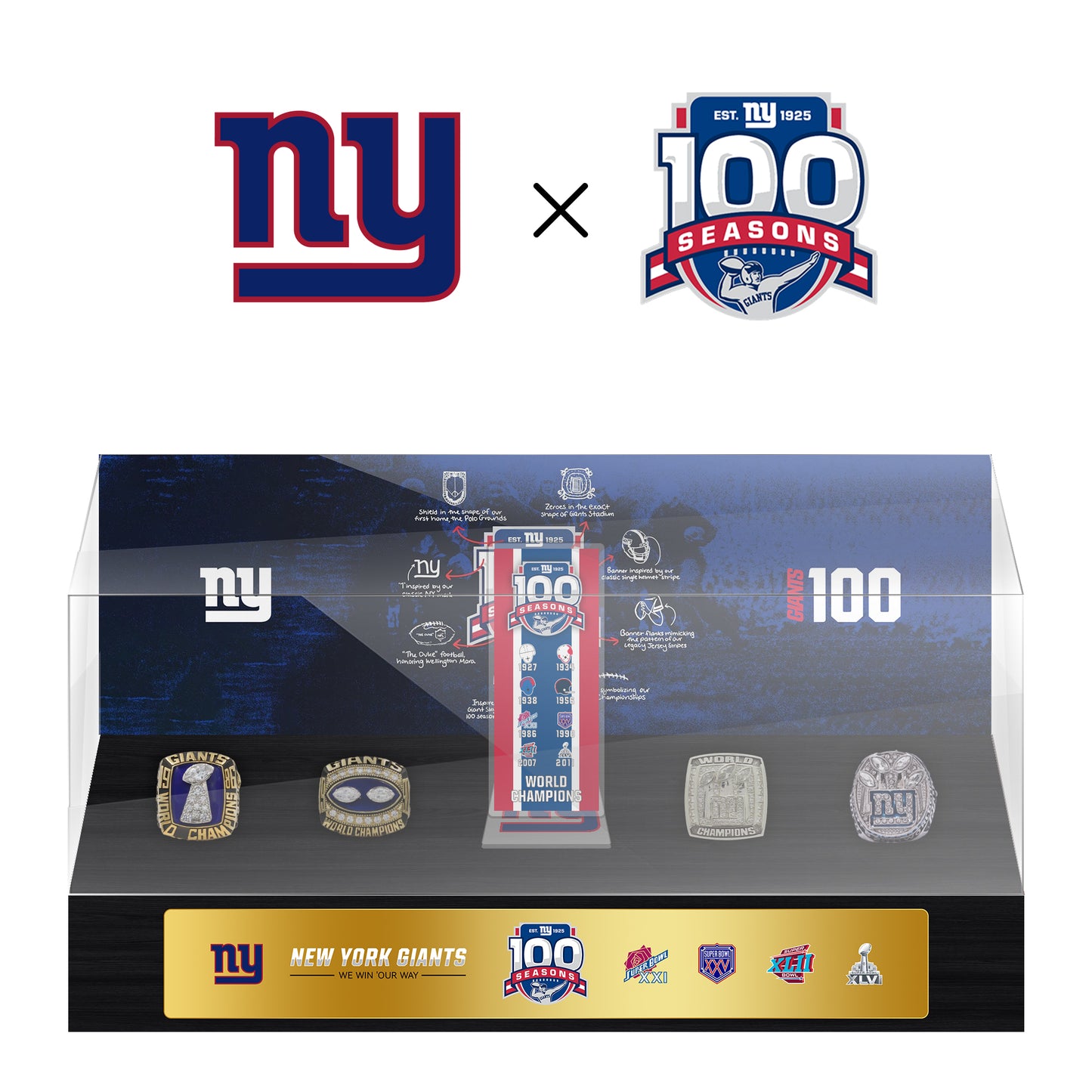 New York Giants 100th Anniversary Collection Trophy Ring Display Case