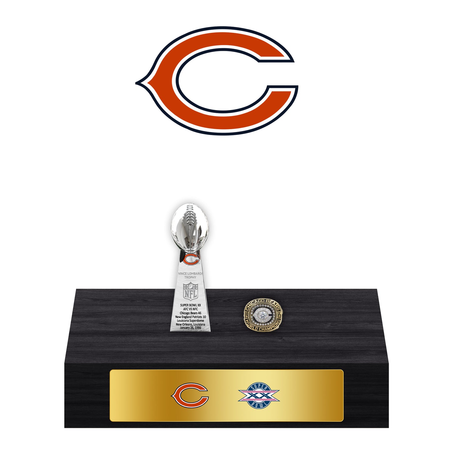 Chicago Bears Super Bowl Championship Trophy Ring Display Case