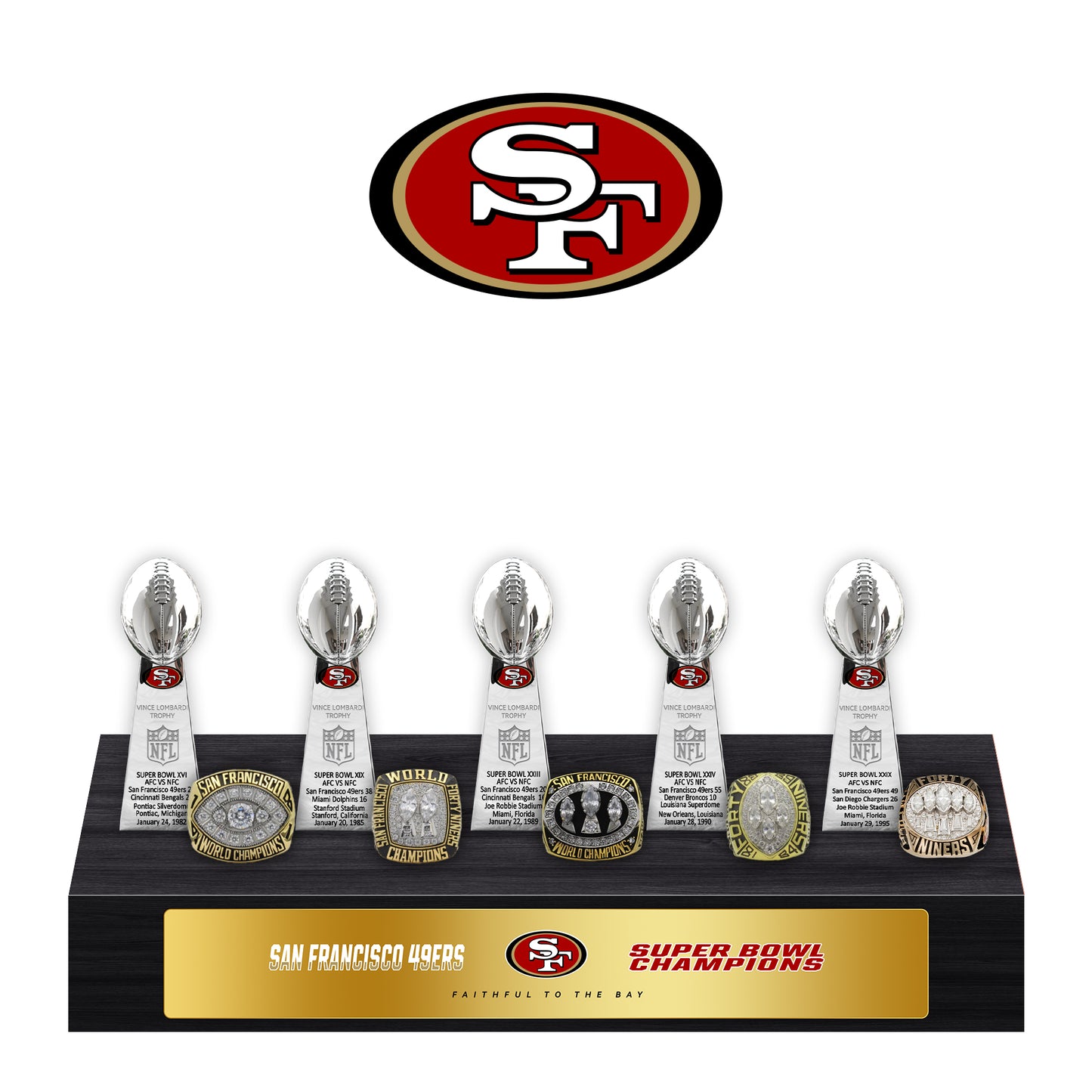 San Francisco 49ers Super Bowl Championship Trophy Ring Display Case