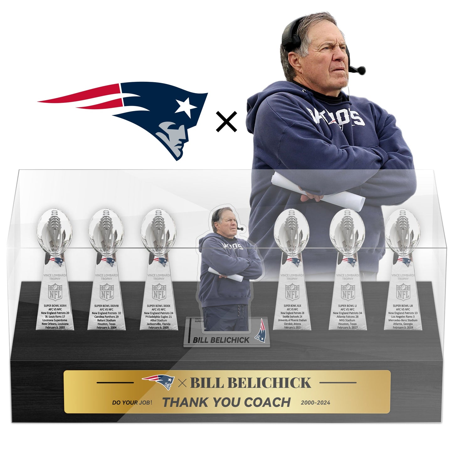 Bill Belichick New England Patriots Championship Trophy Ring Display Case