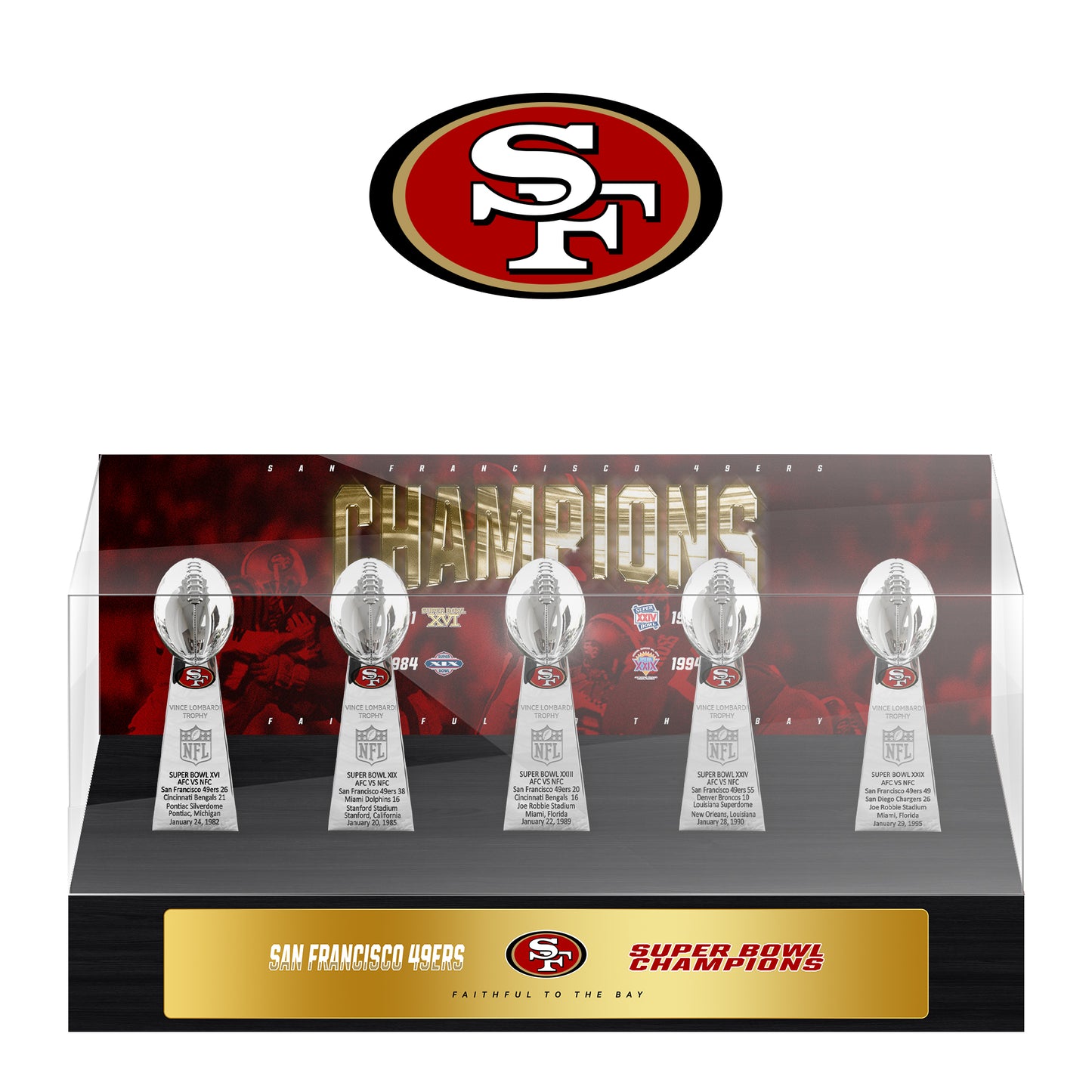 San Francisco 49ers Super Bowl Championship Trophy Ring Display Case