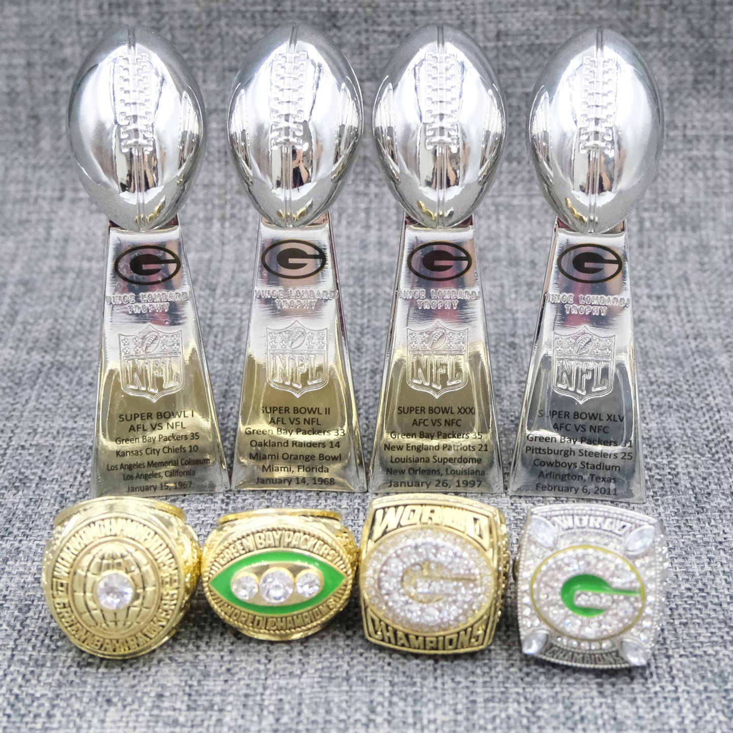 [GREEN BAY PACKERS]4 Trophys and 4 Pcs Rings  Championship Super Bowl + Box NFL