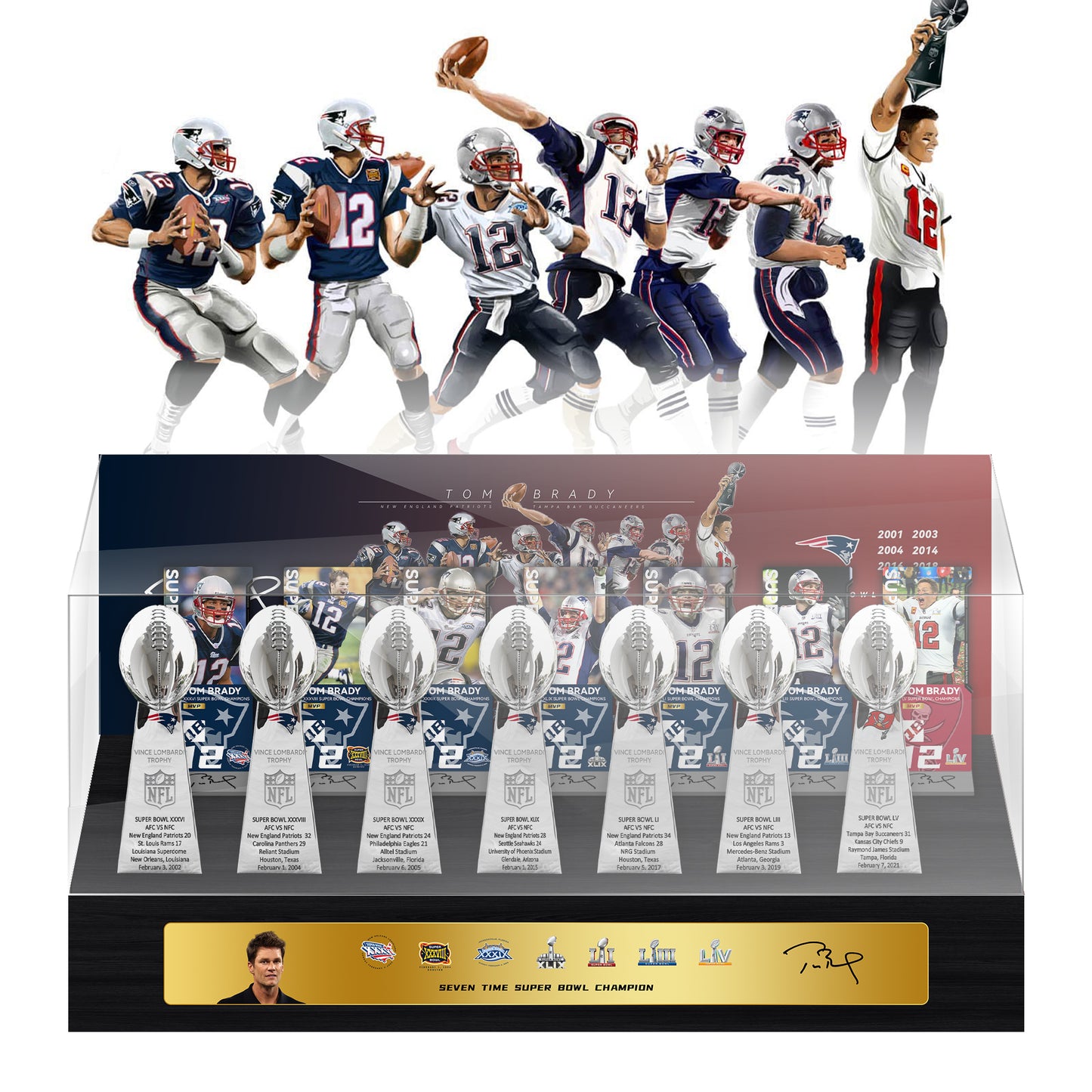 Tom Brady New England Patriots and Tampa Bay Buccaneers 7 Championship Trophy and Ring Display Case