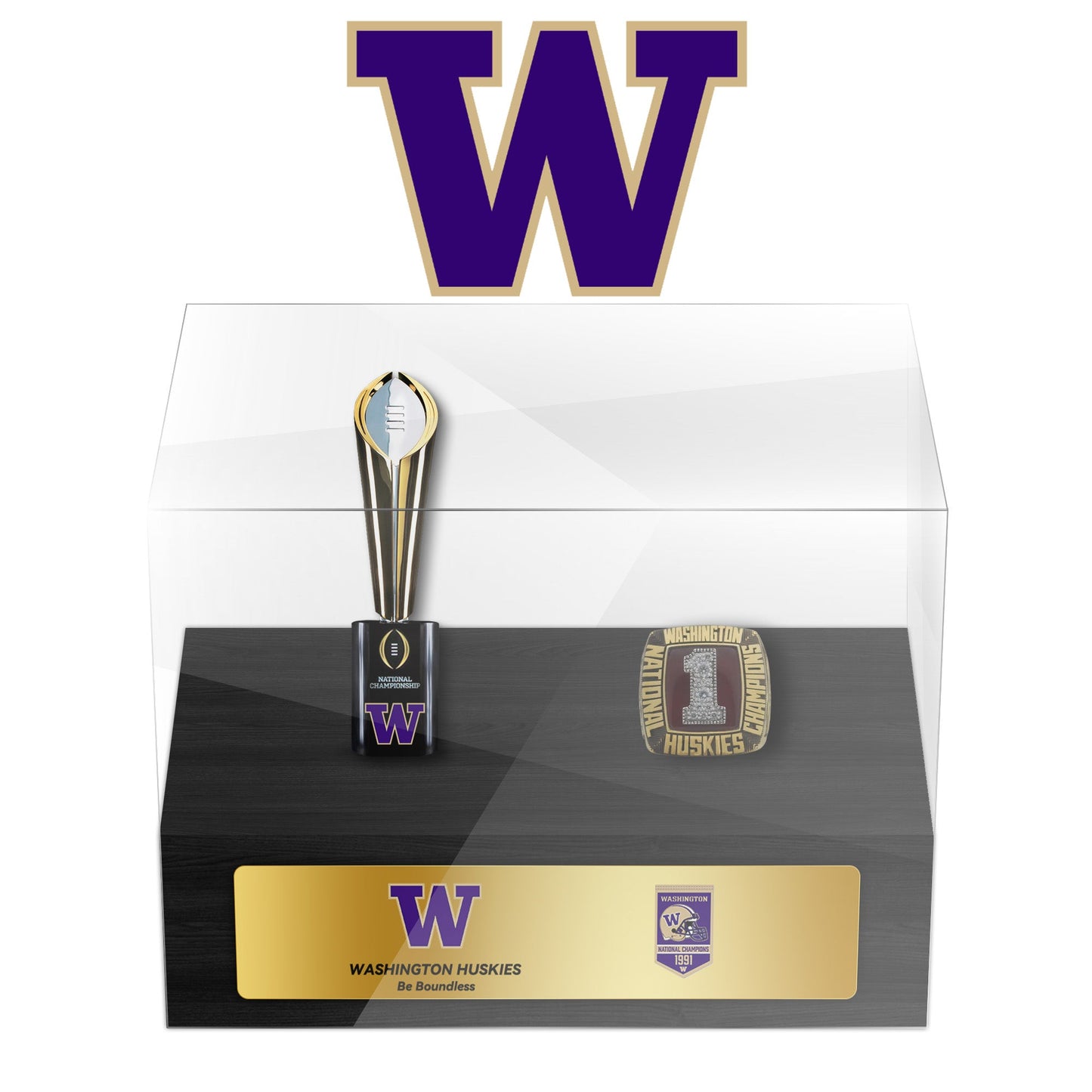 Washington Huskies NCAA Football Championship Trophy And Ring Display Case