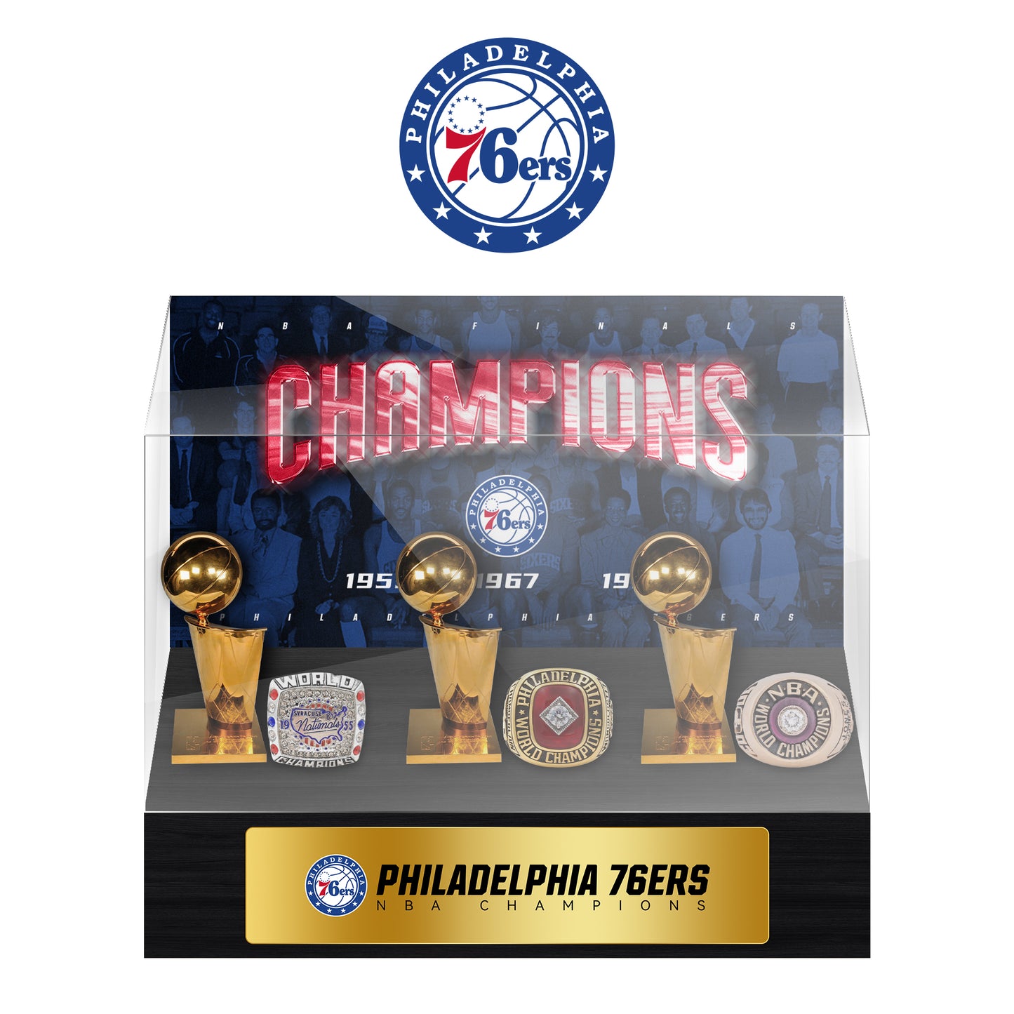 Philadelphia 76ers NBA Trophy And Ring Display Case SET