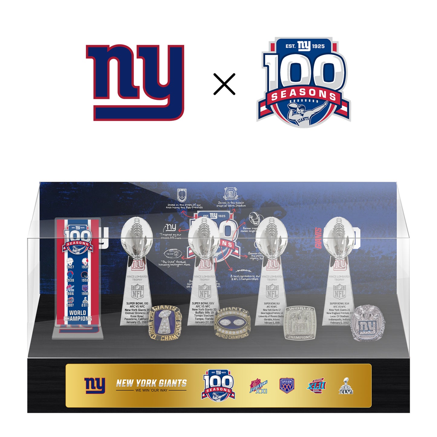 New York Giants 100th Anniversary Collection Trophy Ring Display Case