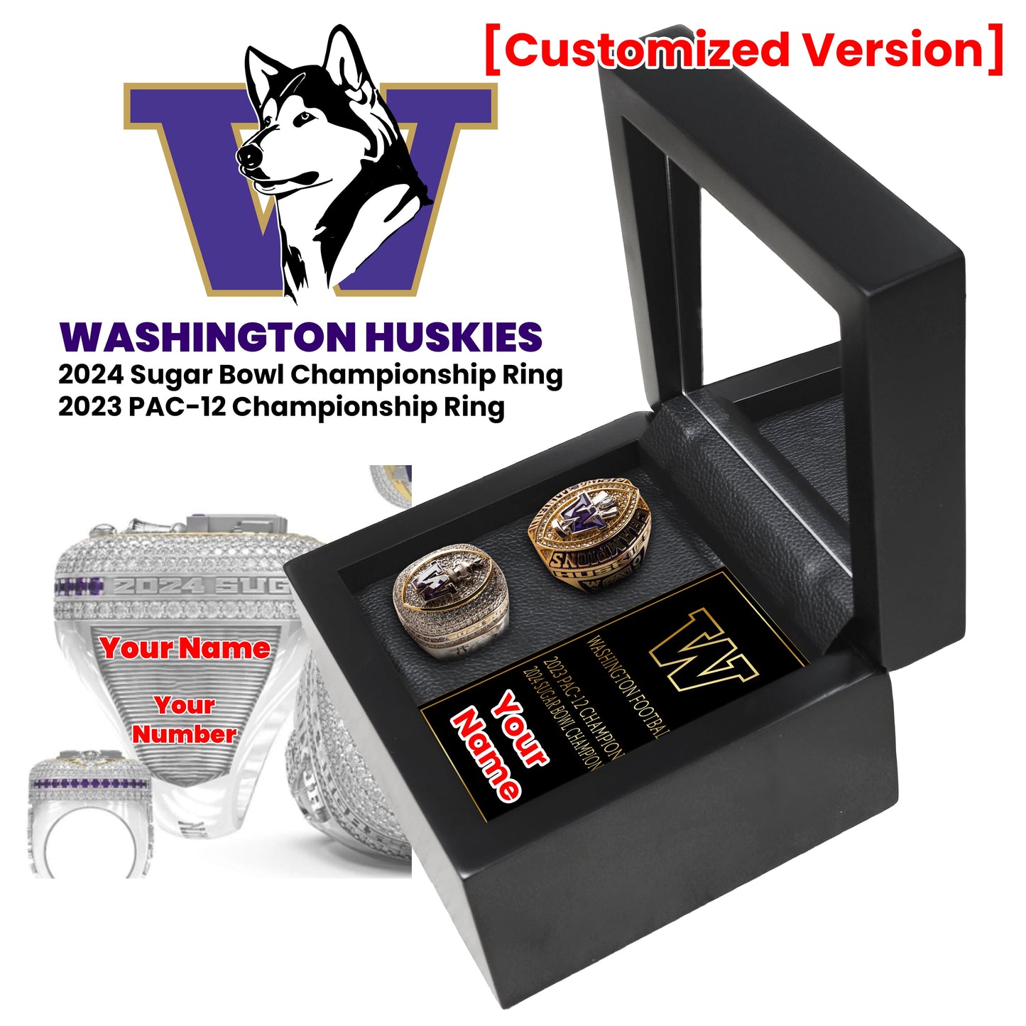 Washington Huskies 2024 Sugar Bowl&2023 Pac-12 Championship Ring Big Box-Official Edition