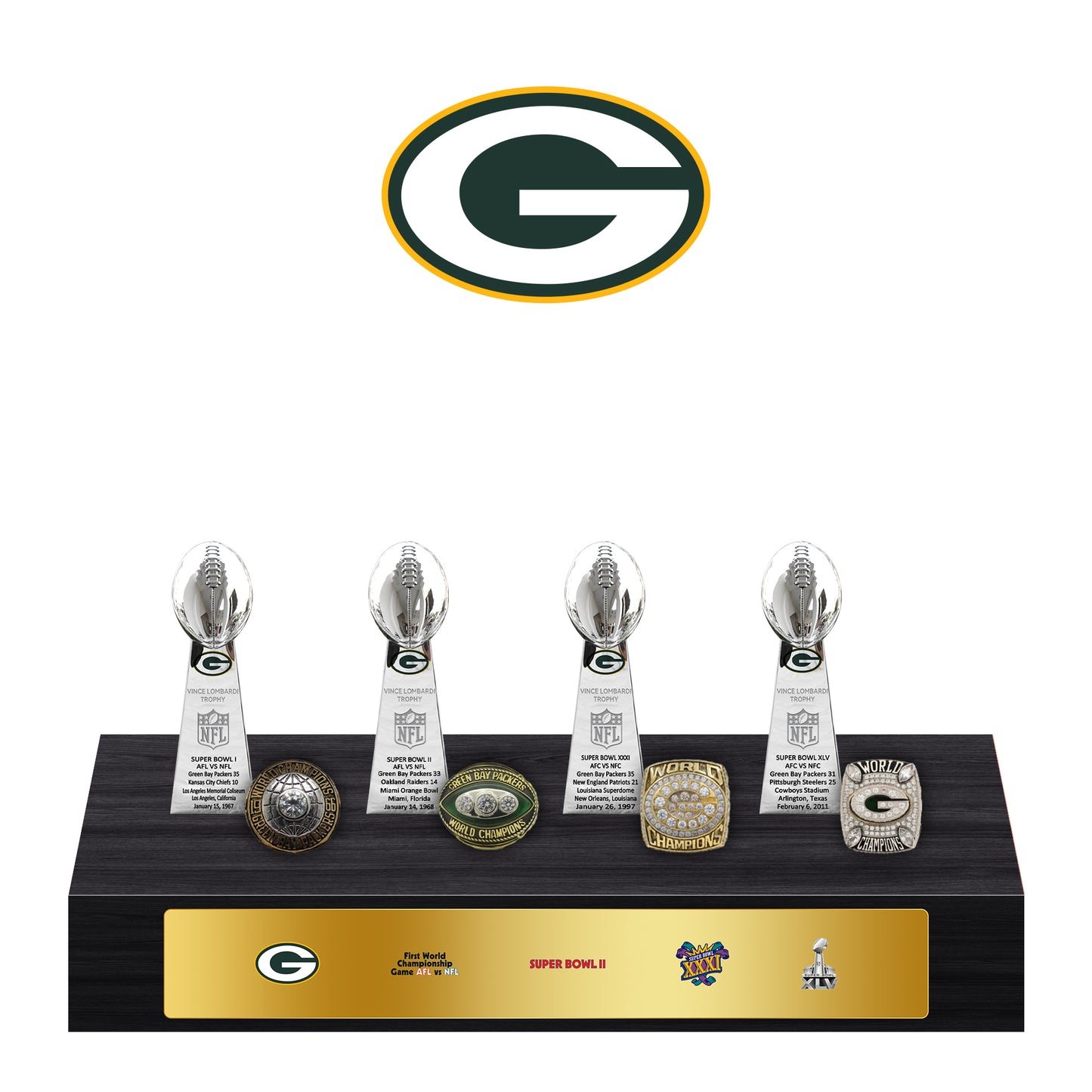 Green Bay Packers Super Bowl Championship Trophy Ring Display Case