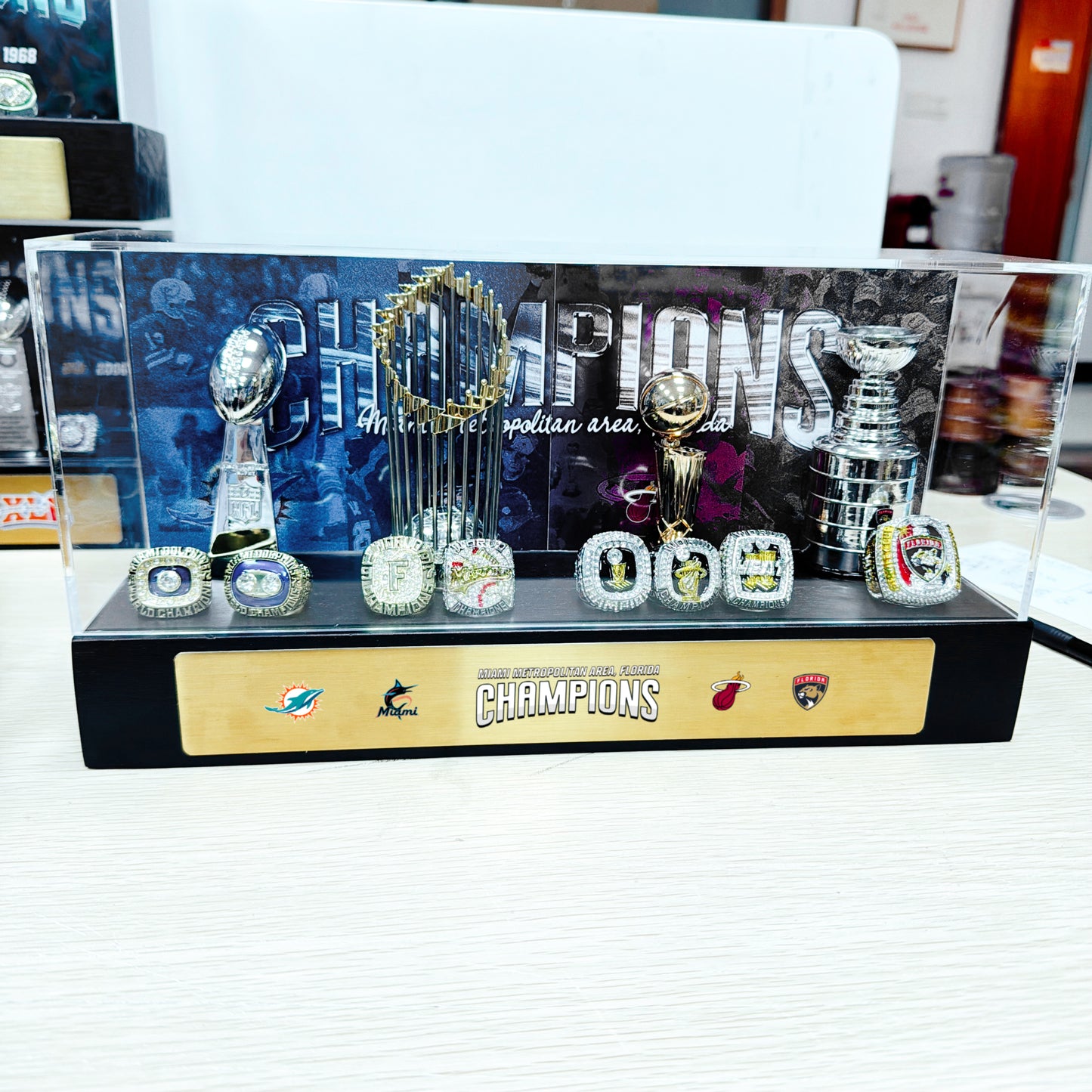 Miami Metropolitan Area Championship Trophy and Rings Display Case