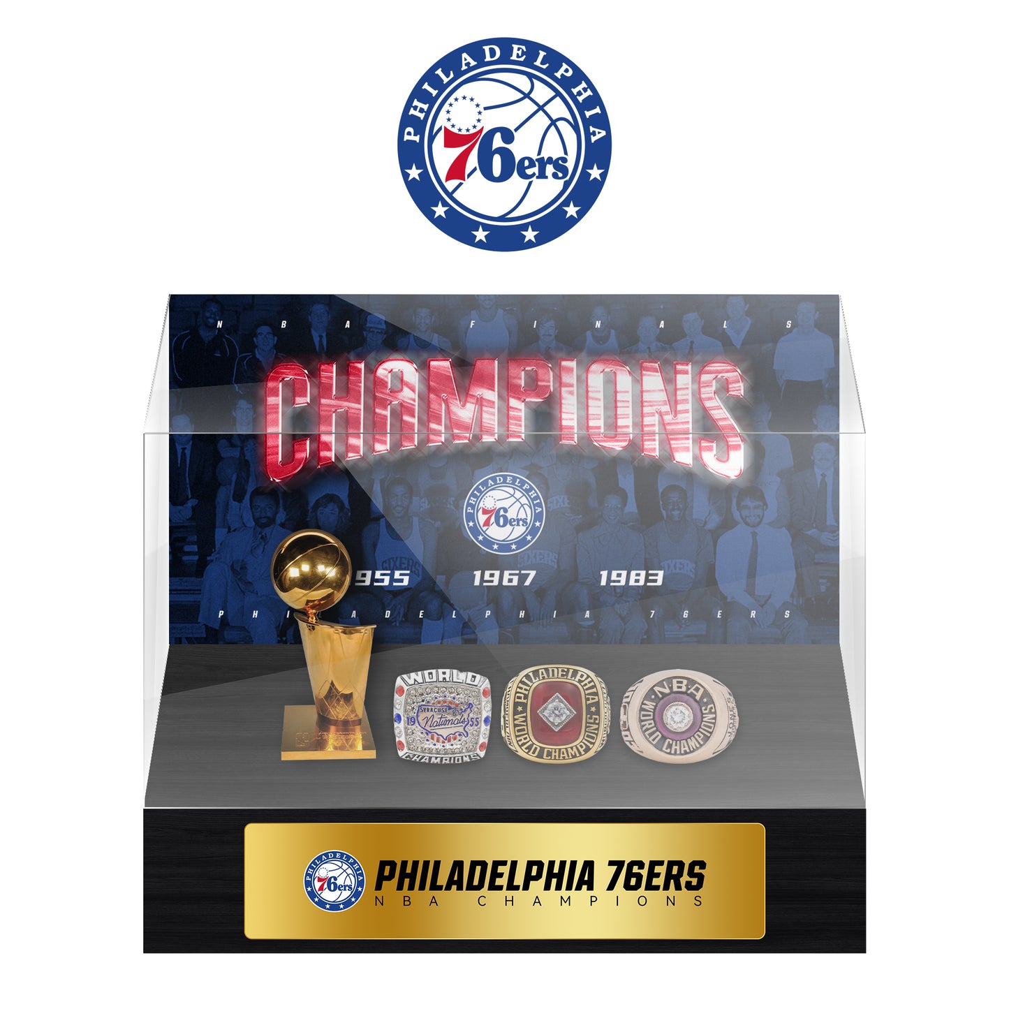 Philadelphia 76ers NBA Trophy And Ring Display Case SET