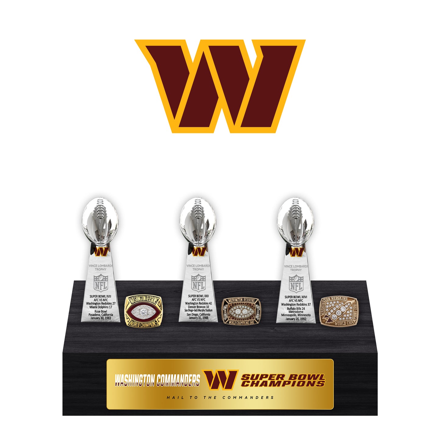 Washington Redskins Super Bowl Championship Trophy Ring Display Case