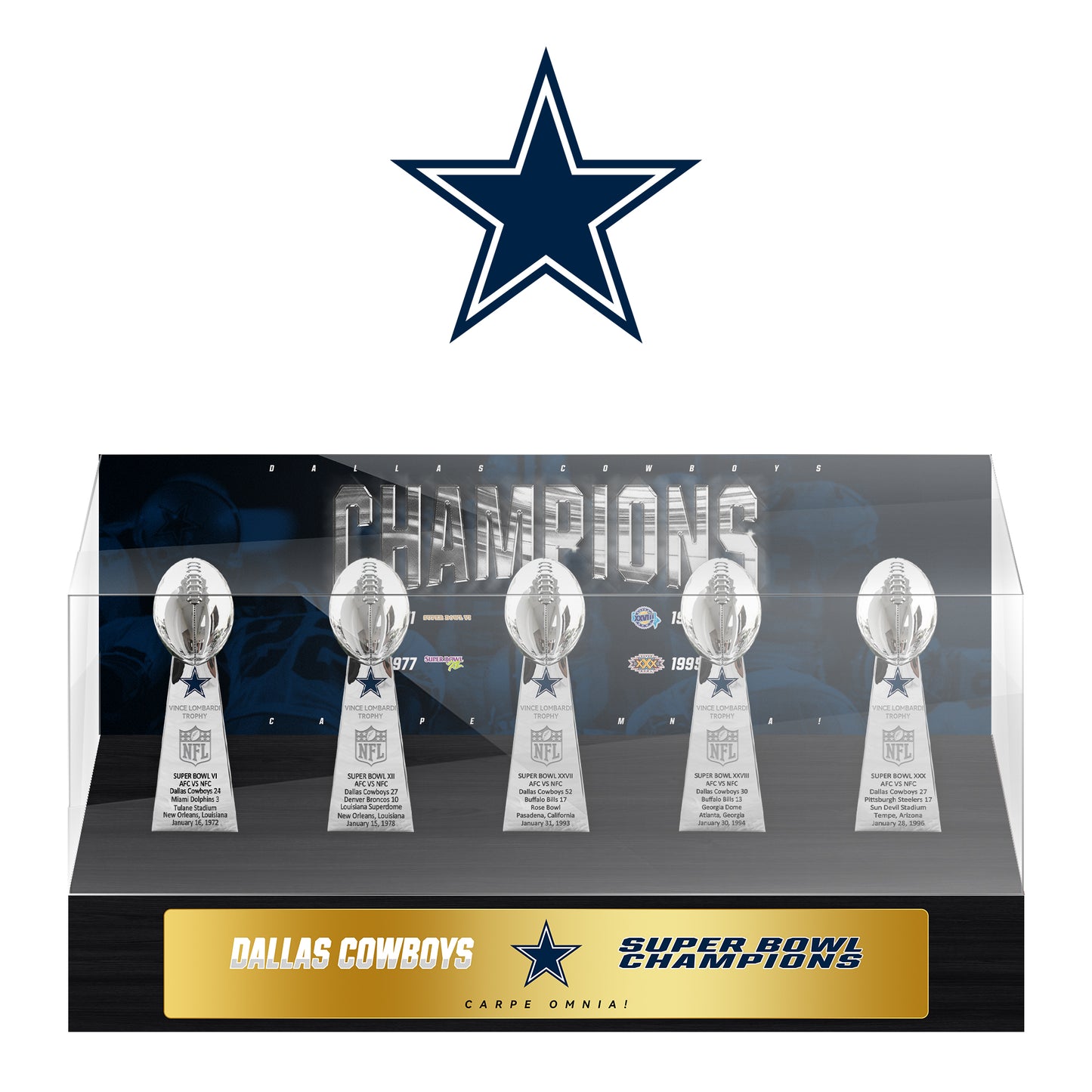 Dallas Cowboys Super Bowl Championship Trophy Ring Display Case