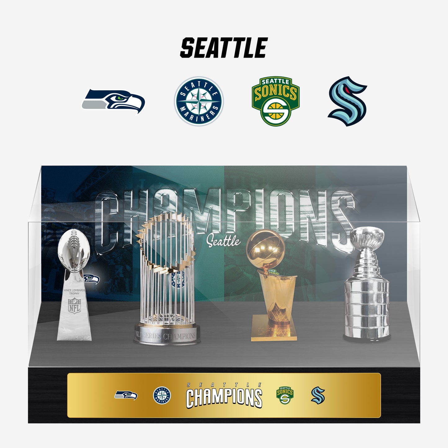 Seattle Championship Trophy and Rings Display Case