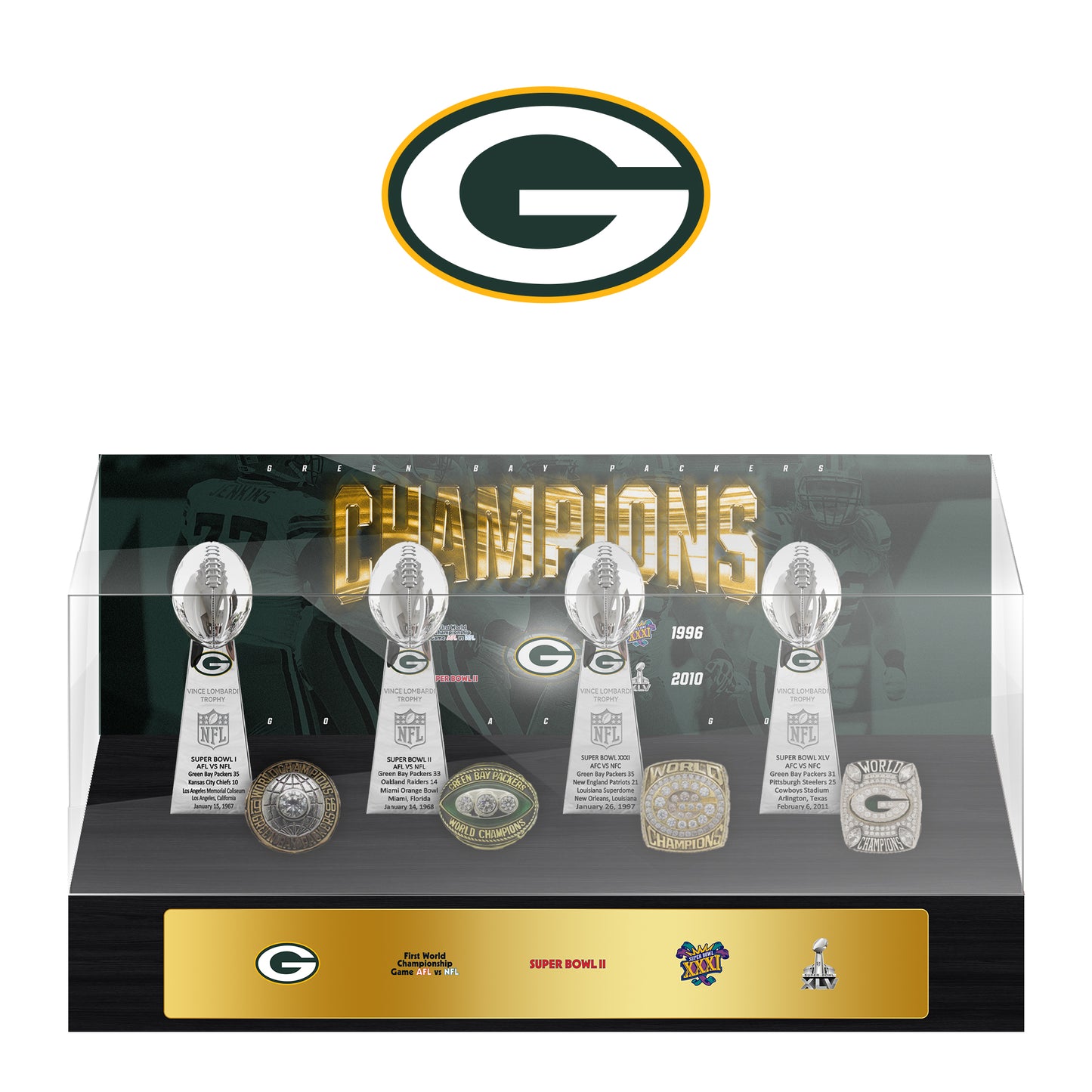 Green Bay Packers Super Bowl Championship Trophy Ring Display Case