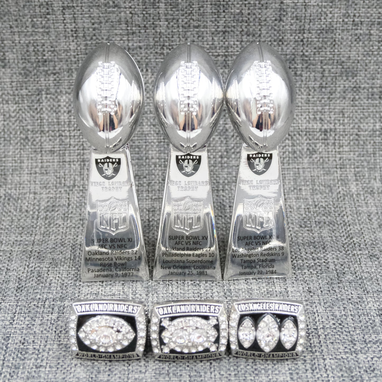 [ OAKLAND RAIDERS]Set 3 Trophys and 3 Pcs Rings  Championship Super Bowl + Box NFL